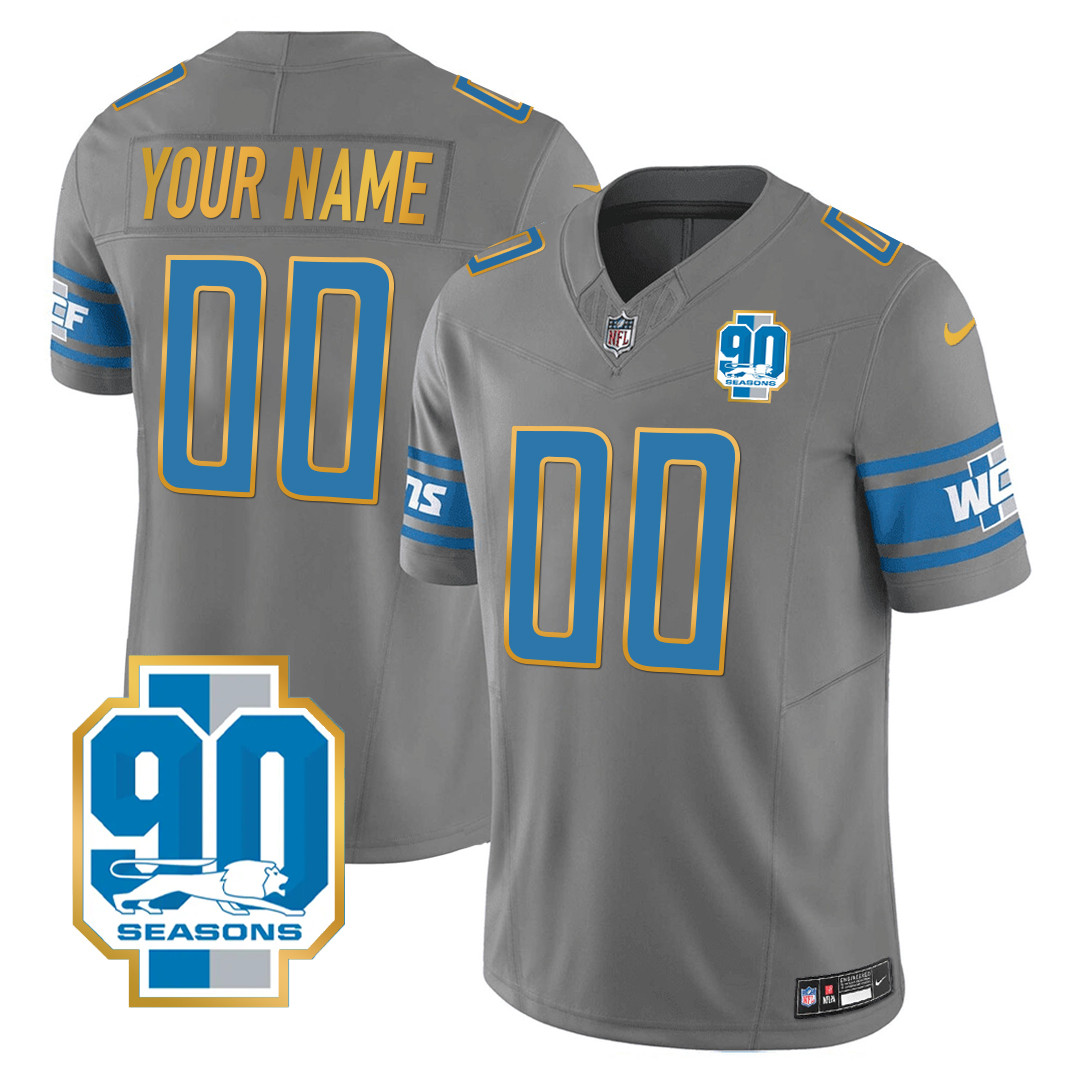 Men's Detroit Lions 90th Year Patch Gold Trim Custom Gray Jersey - All Stitched