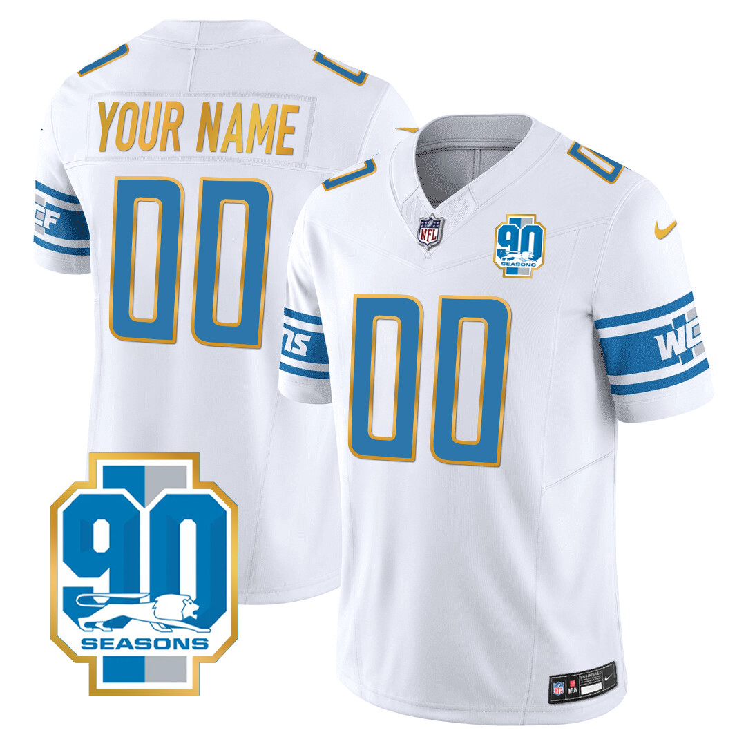 Men's Detroit Lions 90th Year Patch Gold Trim Custom White Jersey - All Stitched