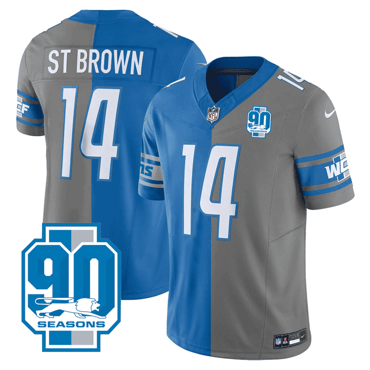 Men's Detroit Lions 90th Year Patch Split Vapor St. Brown Jersey - All Stitched