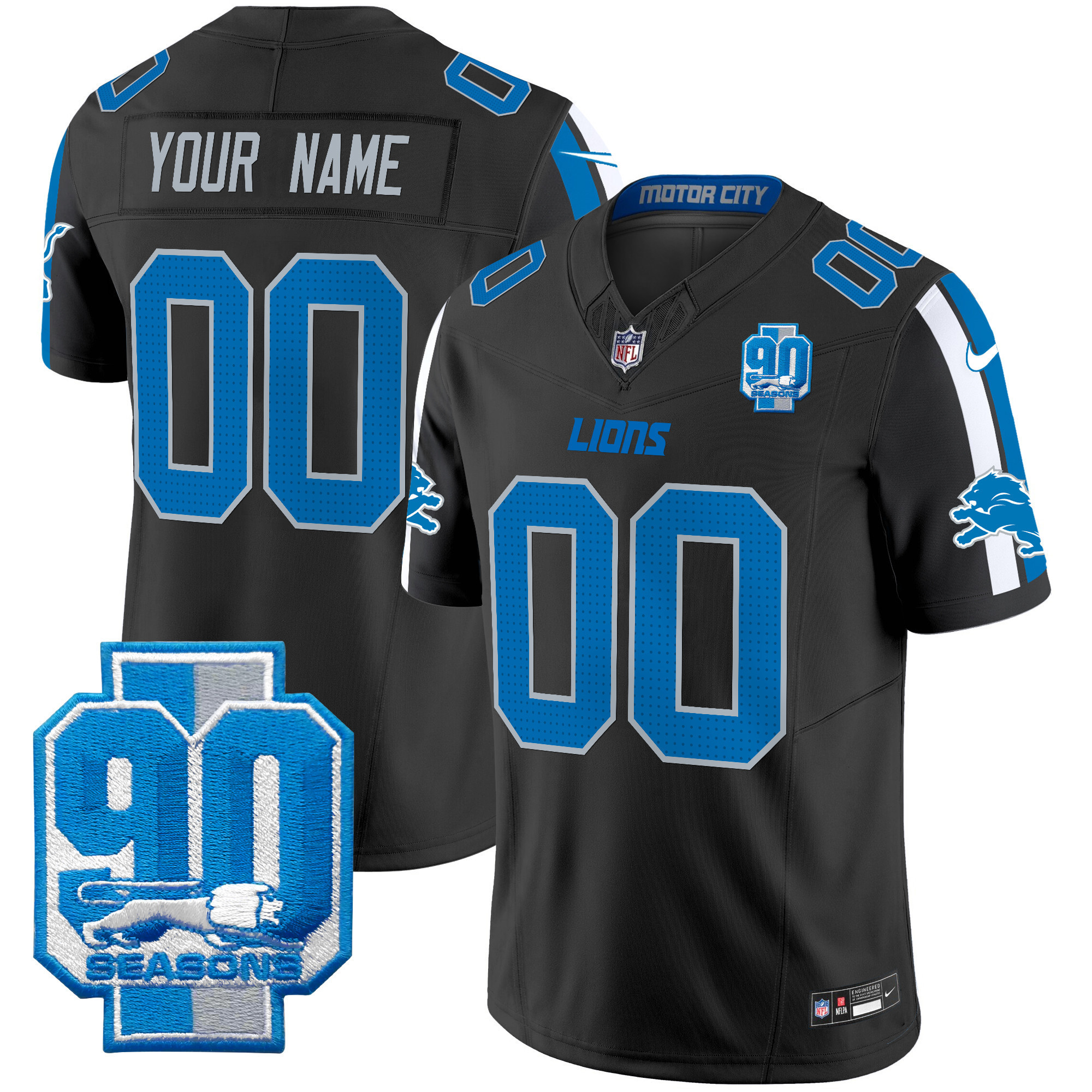 Men's Detroit Lions 90th Year Patch Vapor Limited Custom Black Jersey - All Stitched