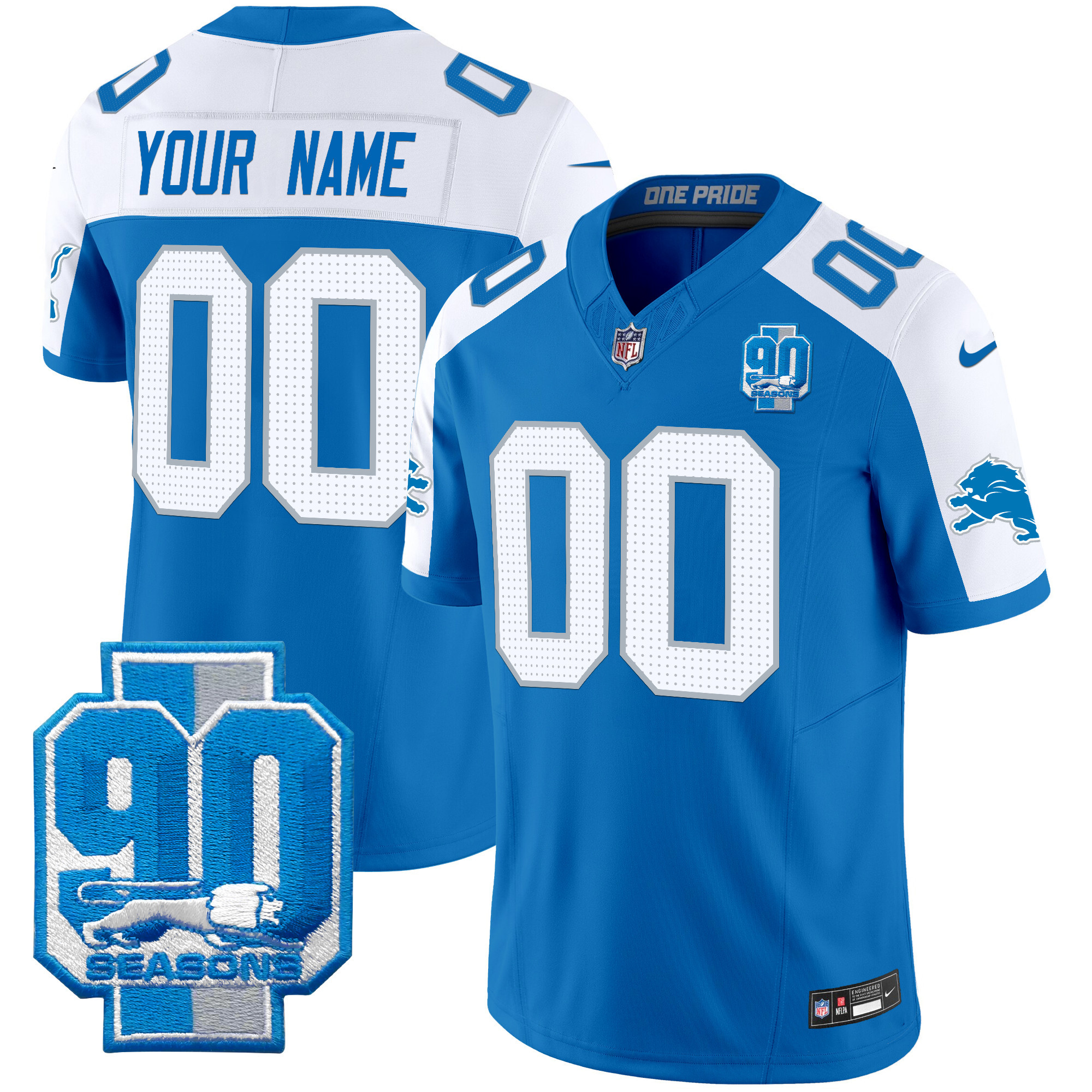 Men's Detroit Lions 90th Year Patch Vapor Limited Custom Blue Alternate Jersey - All Stitched