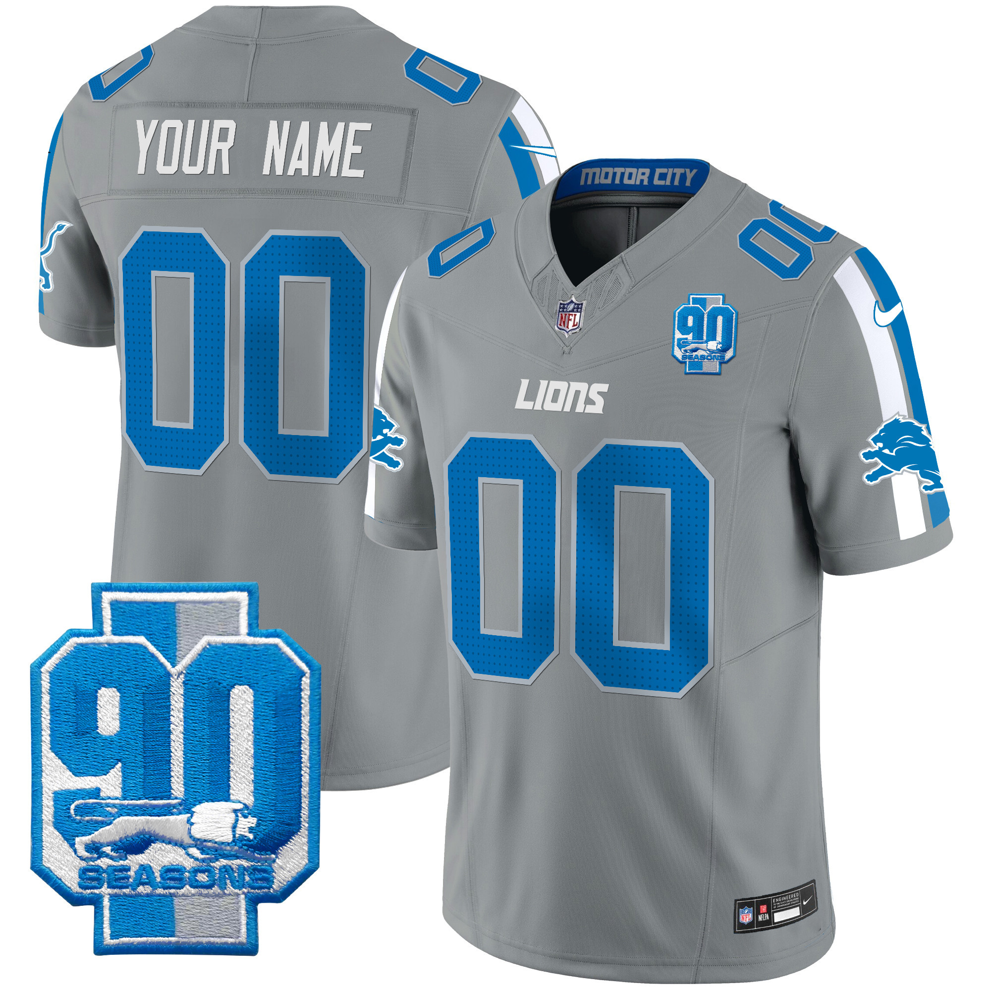 Men's Detroit Lions 90th Year Patch Vapor Limited Custom Gray Jersey - All Stitched