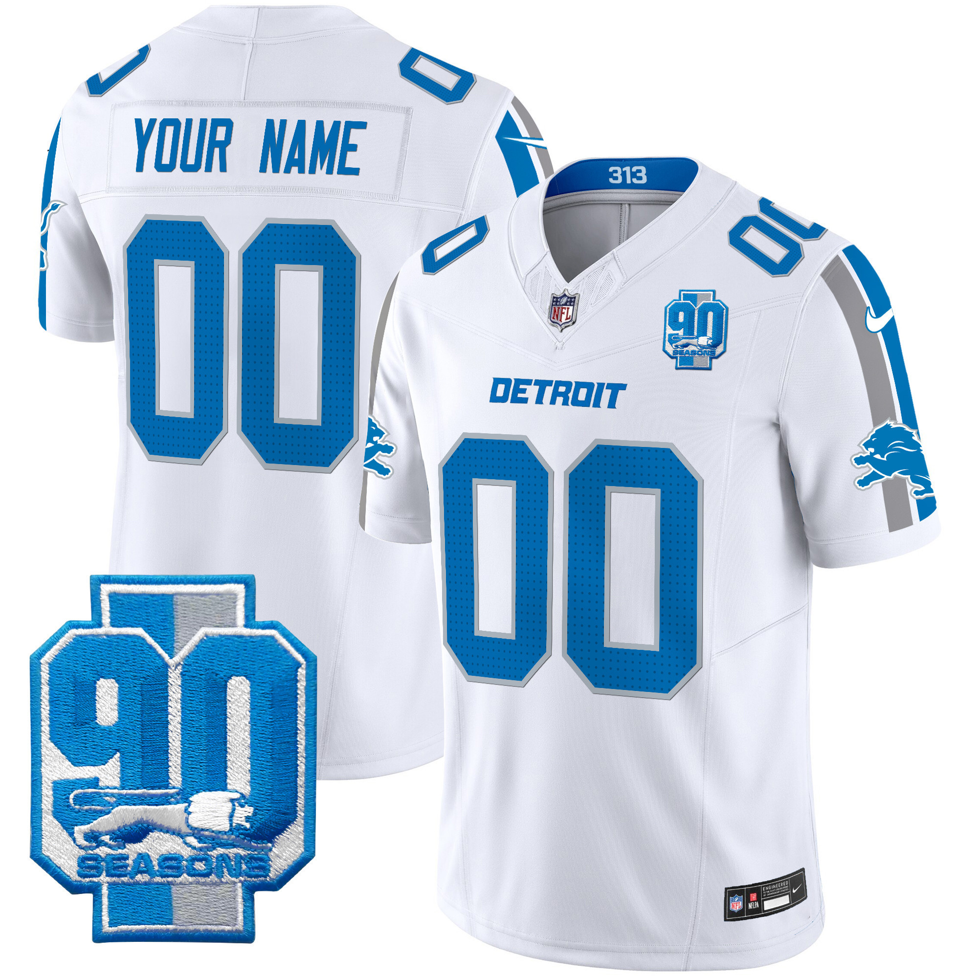 Men's Detroit Lions 90th Year Patch Vapor Limited Custom White Jersey - All Stitched