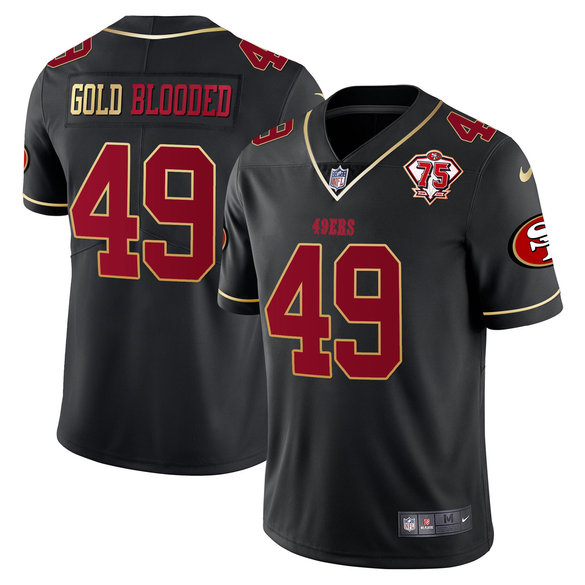 Men's GOLD BLOODED San Francisco 49ers 75TH ANNIVERSARY PATCH VAPOR GOLD TRIM Black Gold Jersey - All Stitched