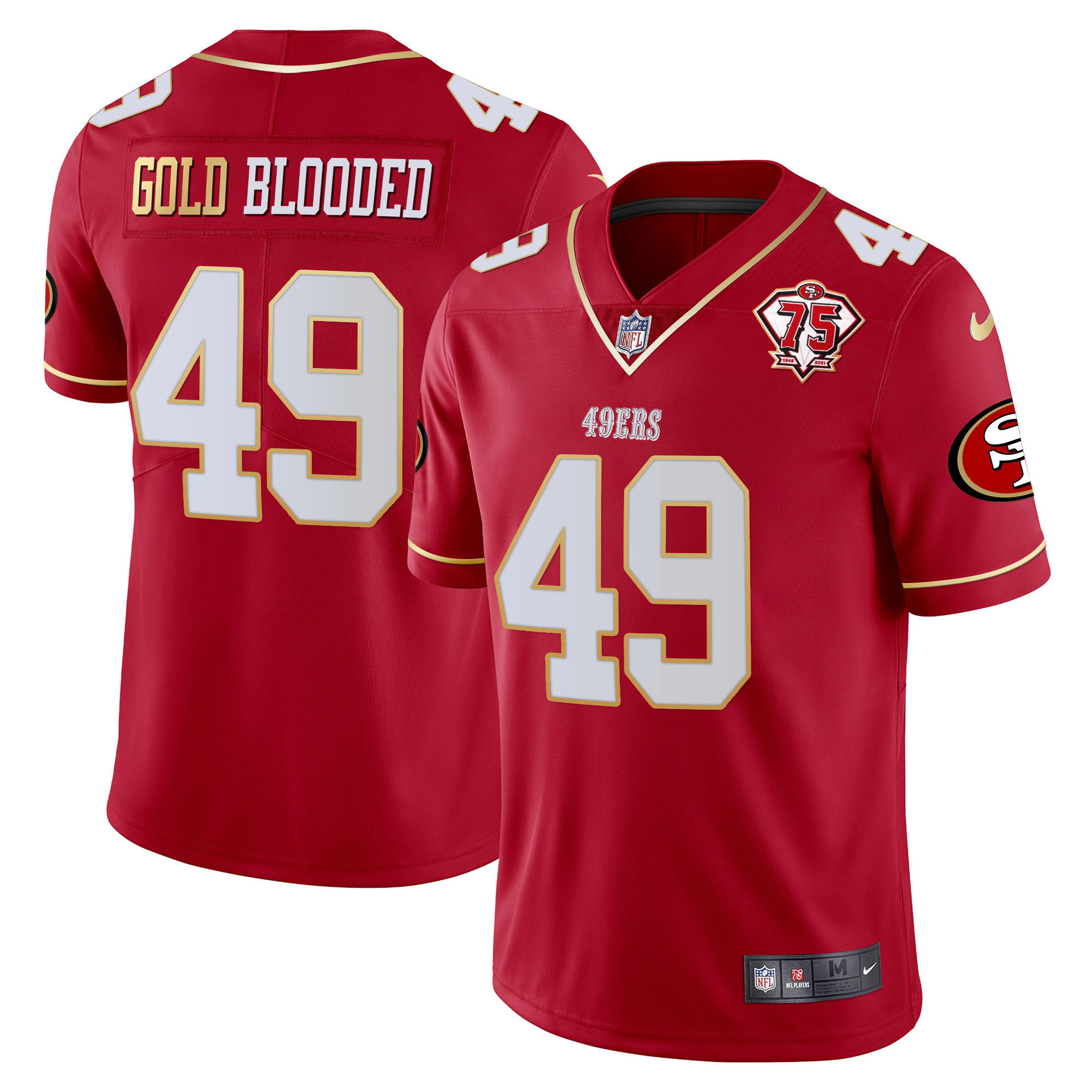 Men's GOLD BLOODED San Francisco 49ers 75TH ANNIVERSARY PATCH VAPOR GOLD TRIM Red Gold Jersey - All Stitched
