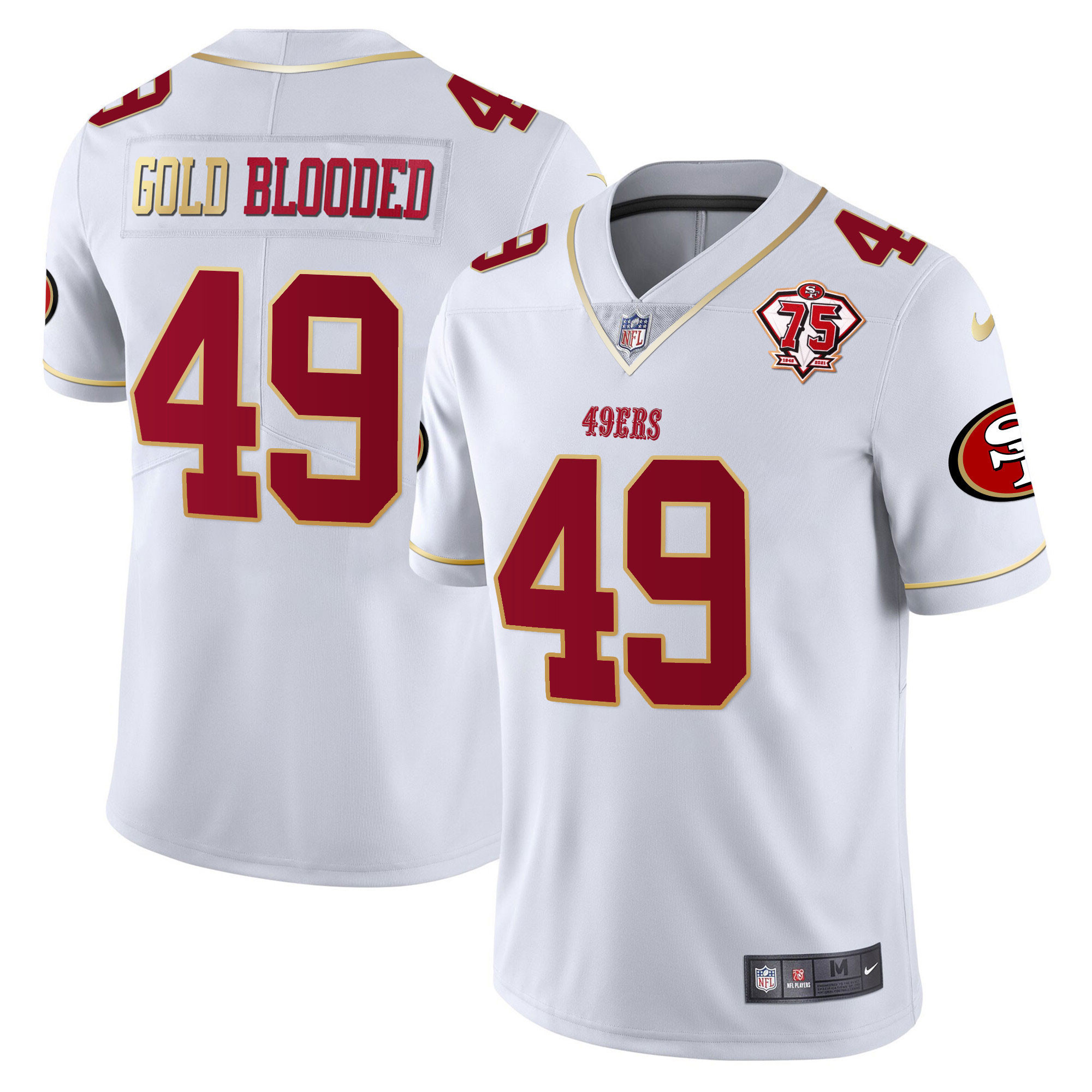 Men's GOLD BLOODED San Francisco 49ers 75TH ANNIVERSARY PATCH VAPOR GOLD TRIM White Gold Jersey - All Stitched