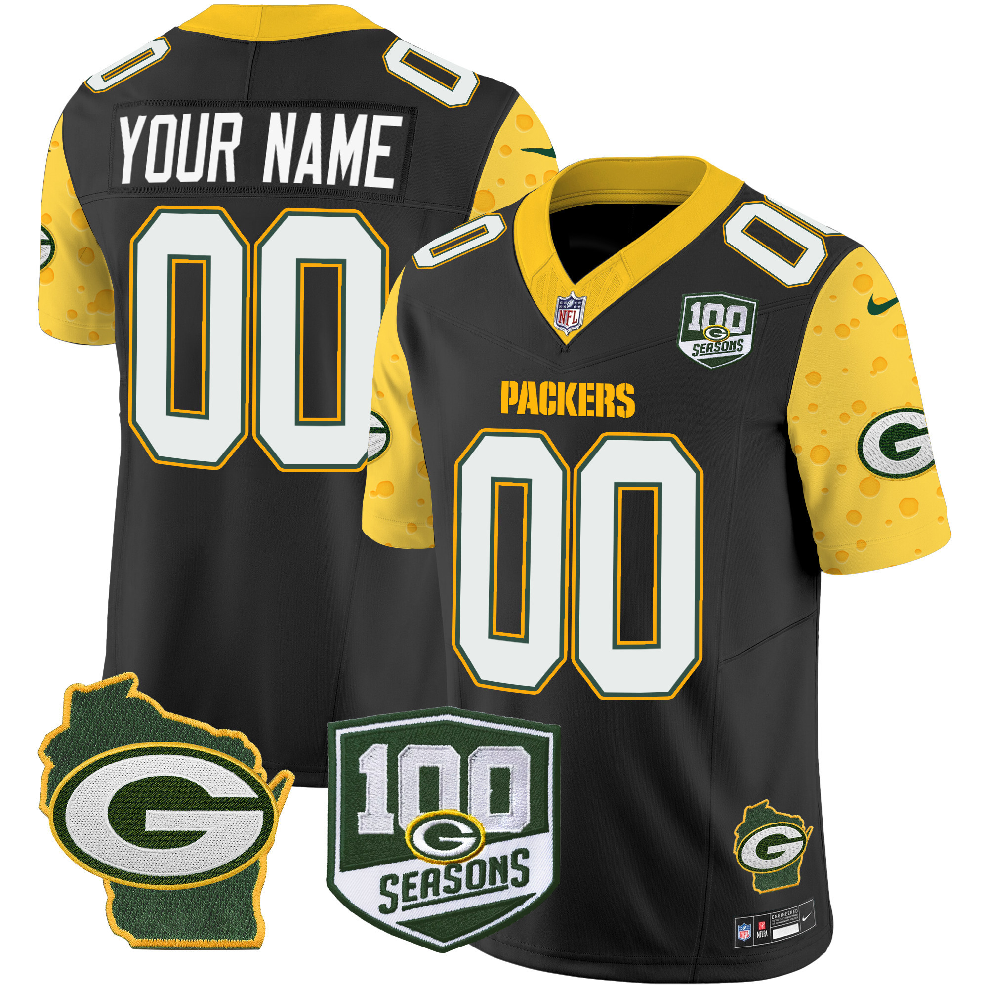 Men's Green Bay Packers 100th Season & Home Patch Cheese Vapor Limited Custom Black Jersey - All Stitched