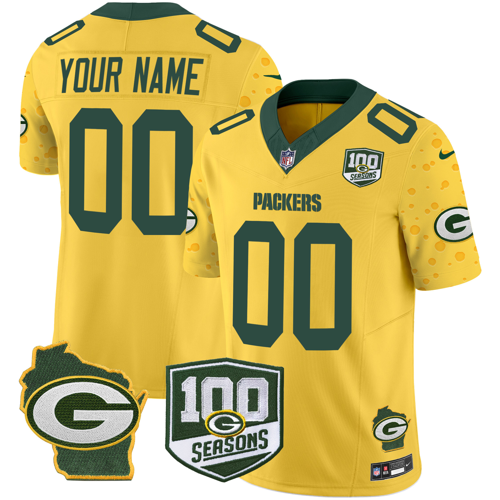 Men's Green Bay Packers 100th Season & Home Patch Cheese Vapor Limited Custom Gold Jersey - All Stitched