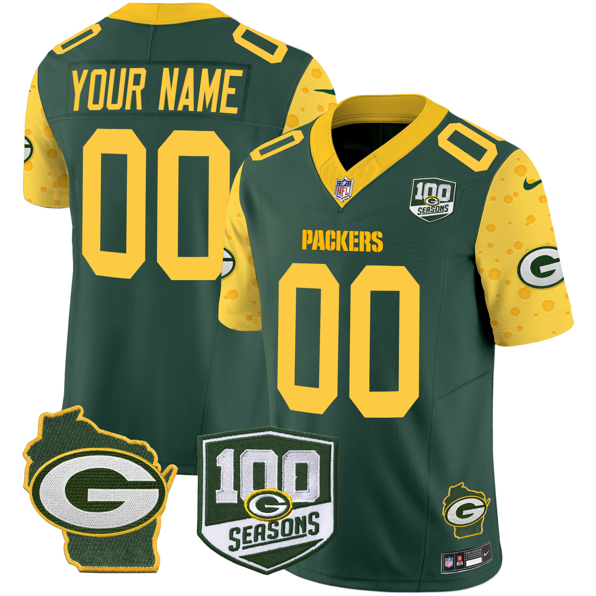 Men's Green Bay Packers 100th Season & Home Patch Cheese Vapor Limited Custom Green Jersey - All Stitched