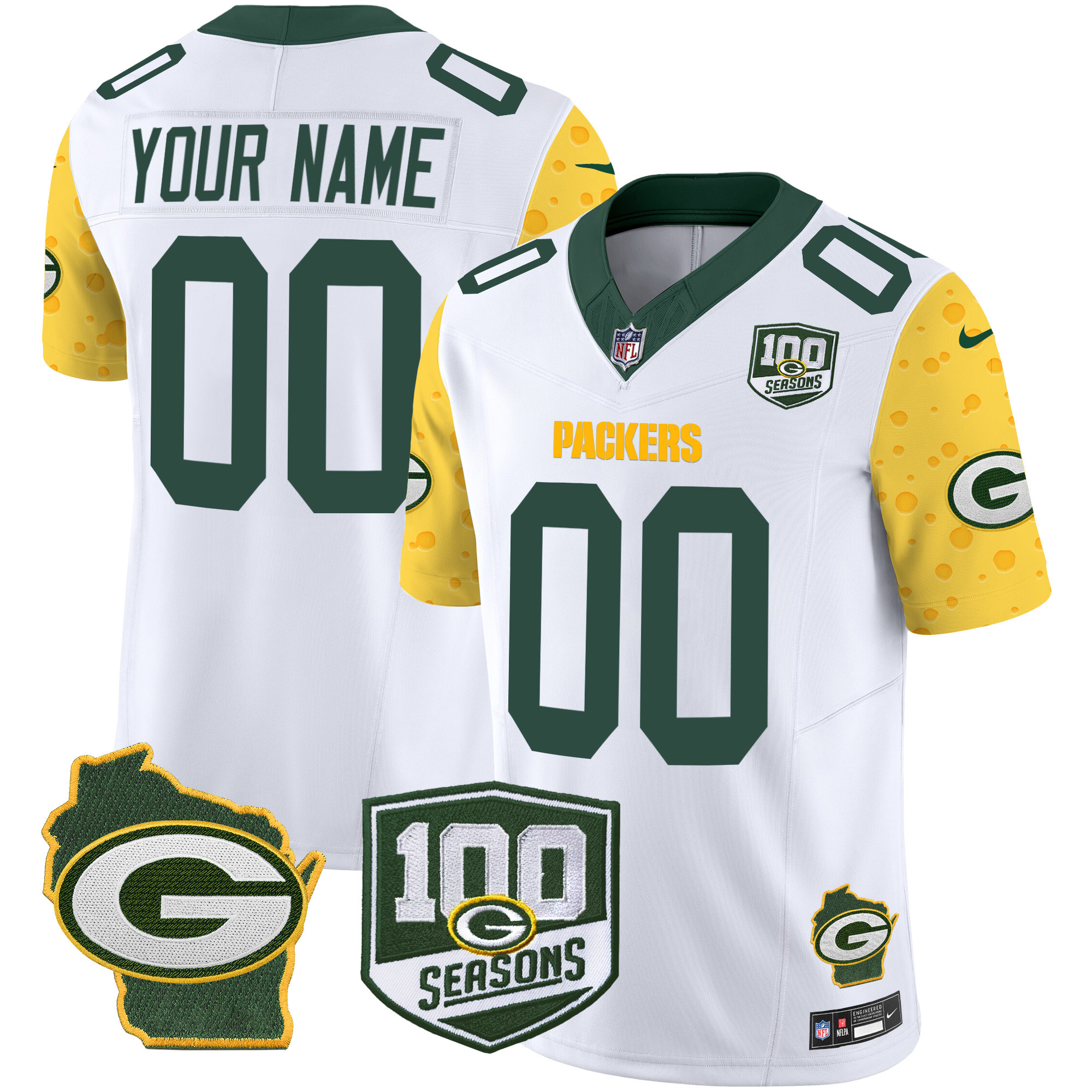 Men's Green Bay Packers 100th Season & Home Patch Cheese Vapor Limited Custom White Jersey - All Stitched