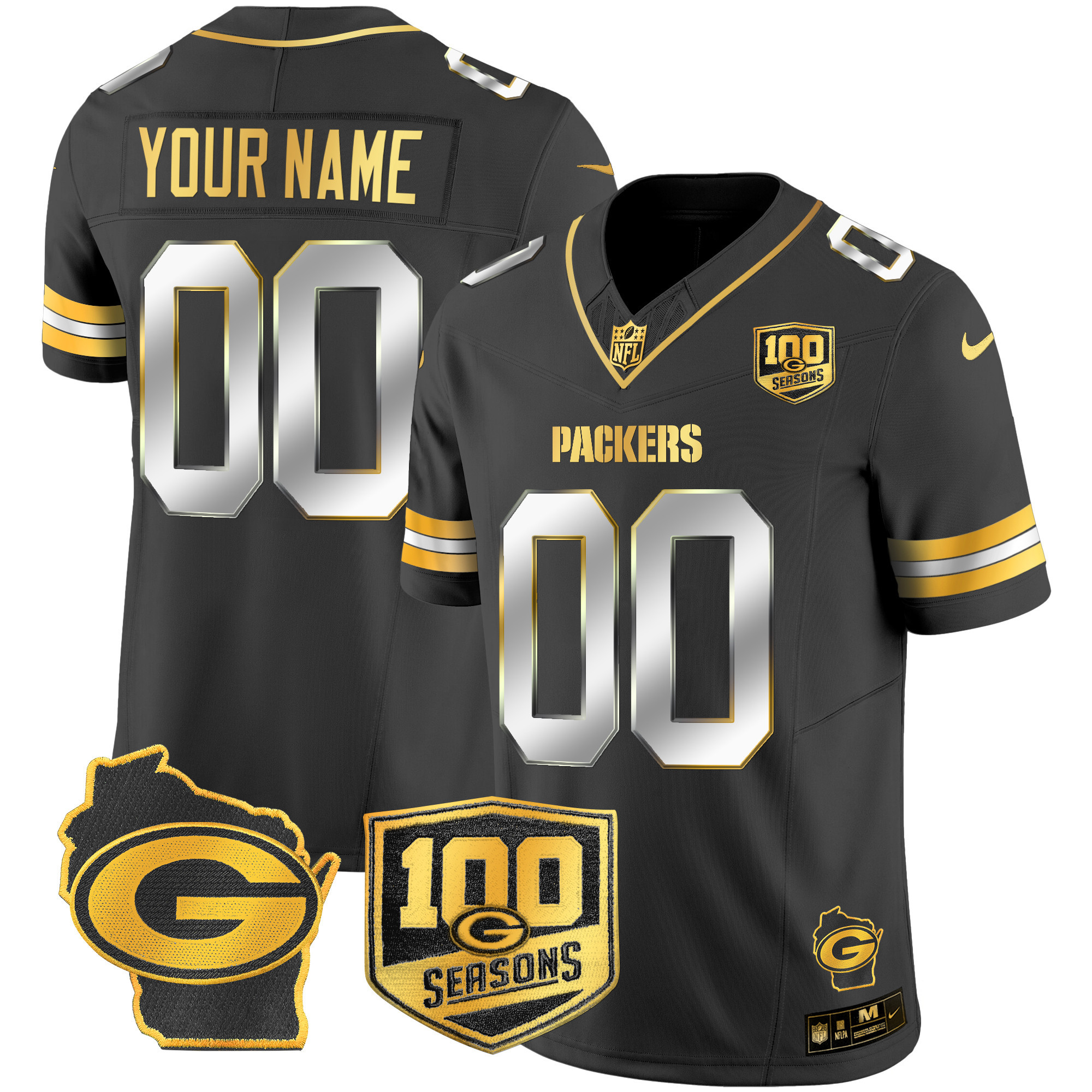Men's Green Bay Packers 100th Season & Home Patch Gold Vapor Limited Custom Black Limited Jersey - All Stitched