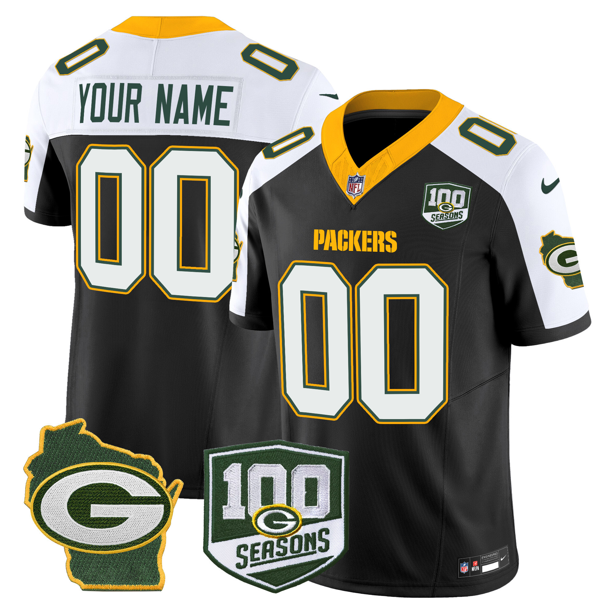 Men's Green Bay Packers 100th Season & Home Patch Vapor Limited Custom Black Alternate Jersey - All Stitched