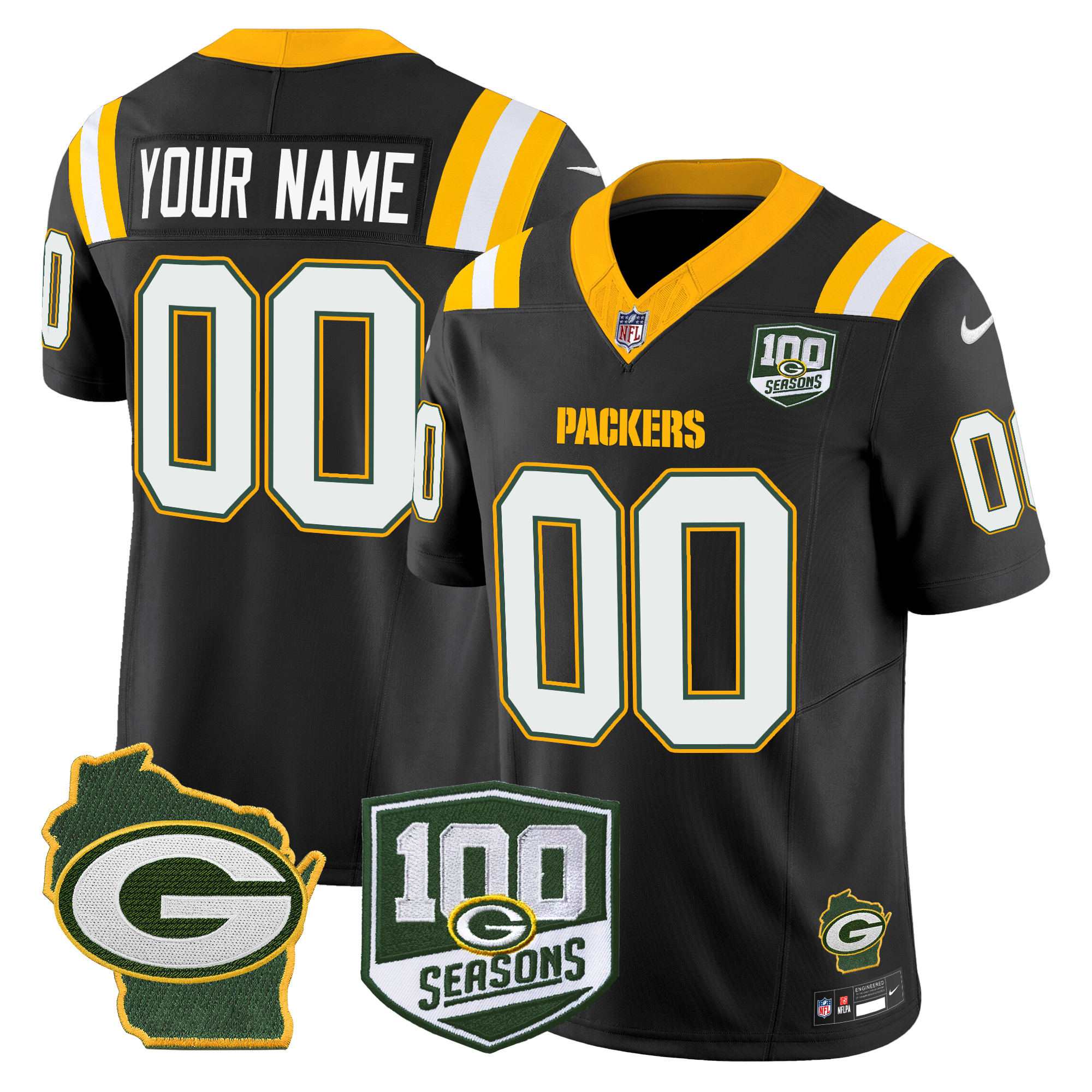 Men's Green Bay Packers 100th Season & Home Patch Vapor Limited Custom Black Jersey - All Stitched