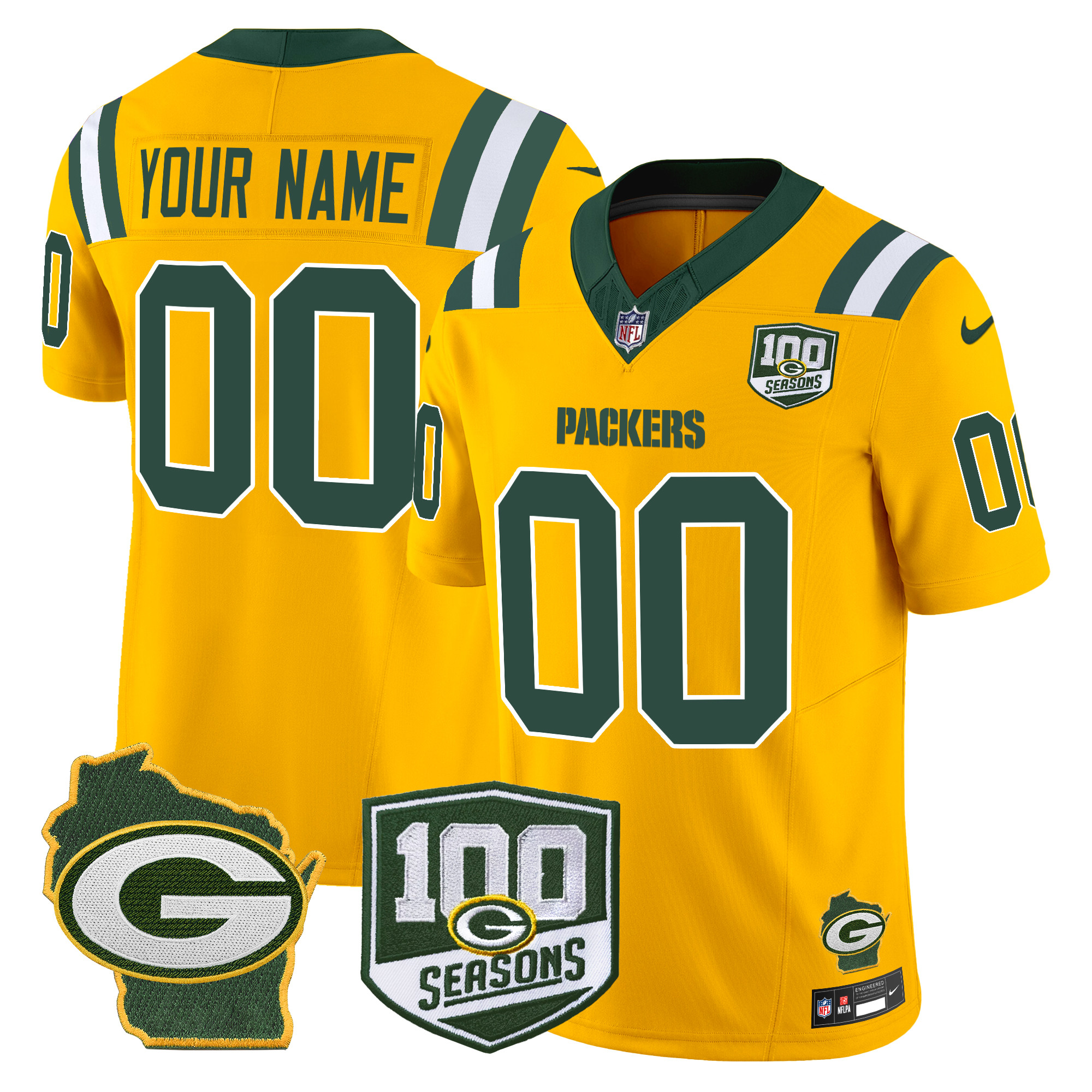Men's Green Bay Packers 100th Season & Home Patch Vapor Limited Custom Gold Jersey - All Stitched