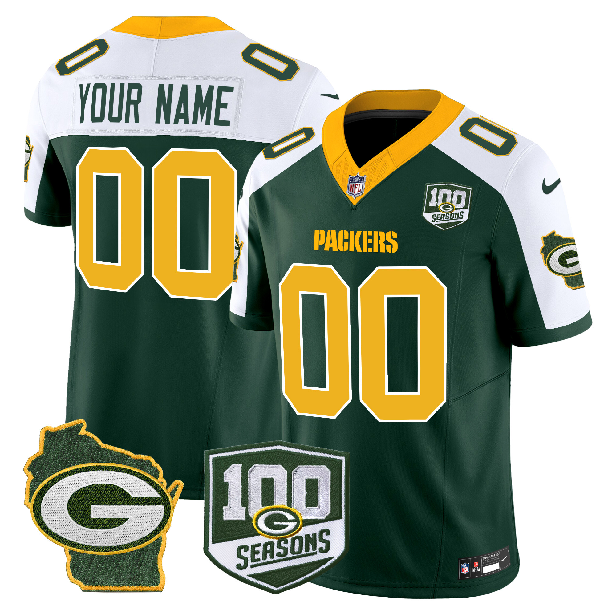 Men's Green Bay Packers 100th Season & Home Patch Vapor Limited Custom Green Alternate Jersey - All Stitched
