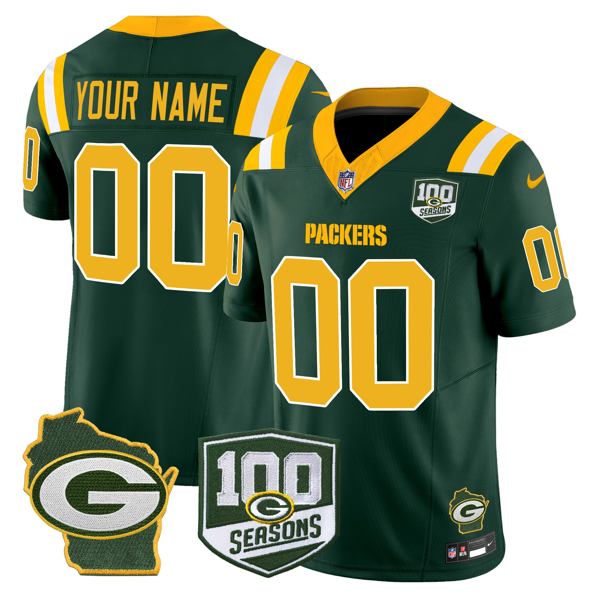 Men's Green Bay Packers 100th Season & Home Patch Vapor Limited Custom Green Jersey - All Stitched