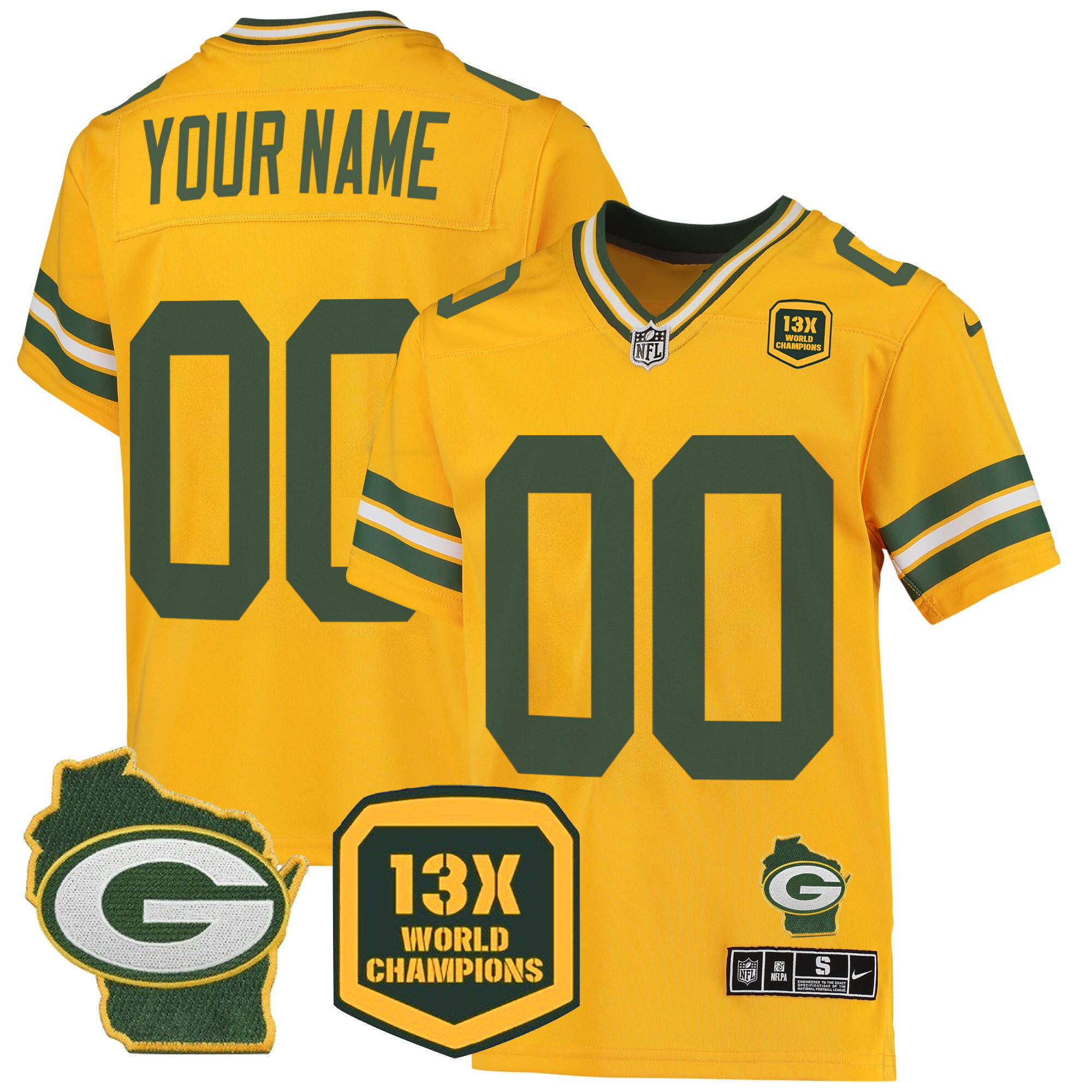 Men's Green Bay Packers 13 Time World Champions & Home Patch Game Custom Gold Jersey - All Stitched