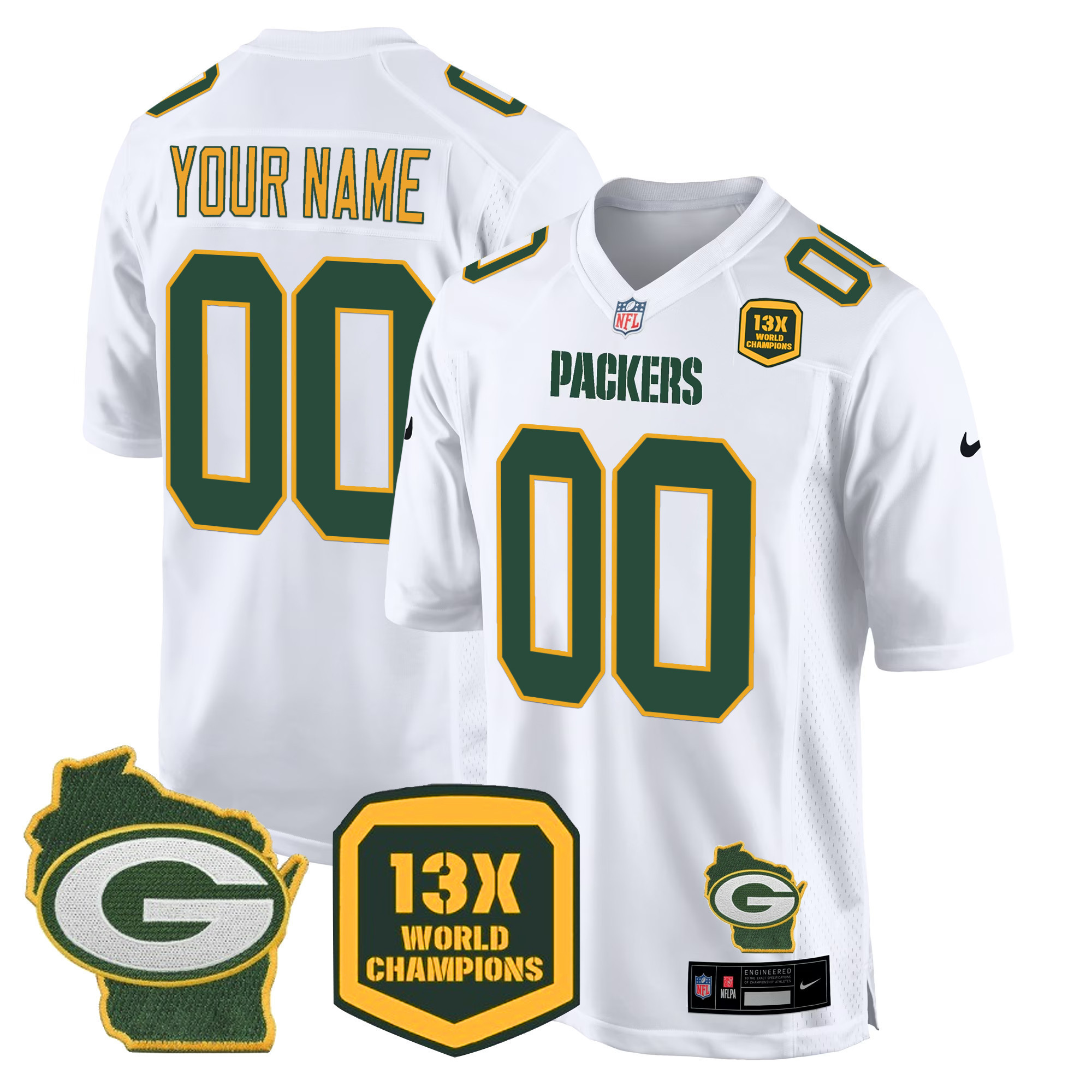 Men's Green Bay Packers 13 Time World Champions & Home Patch Game Custom White Jersey - All Stitched
