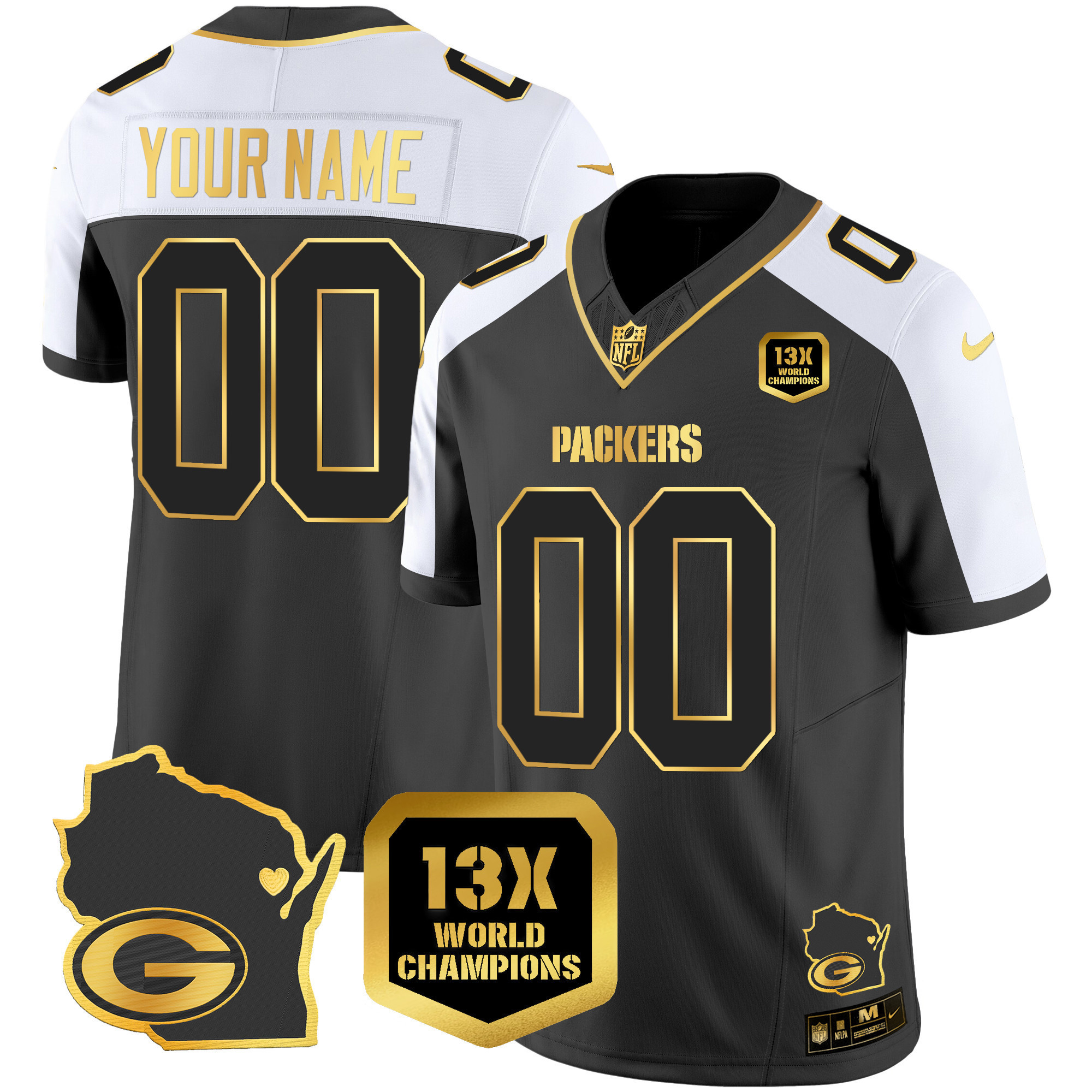 Men's Green Bay Packers 13 Time World Champions & Home Patch Gold Vapor Alternate Jersey - All Stitched