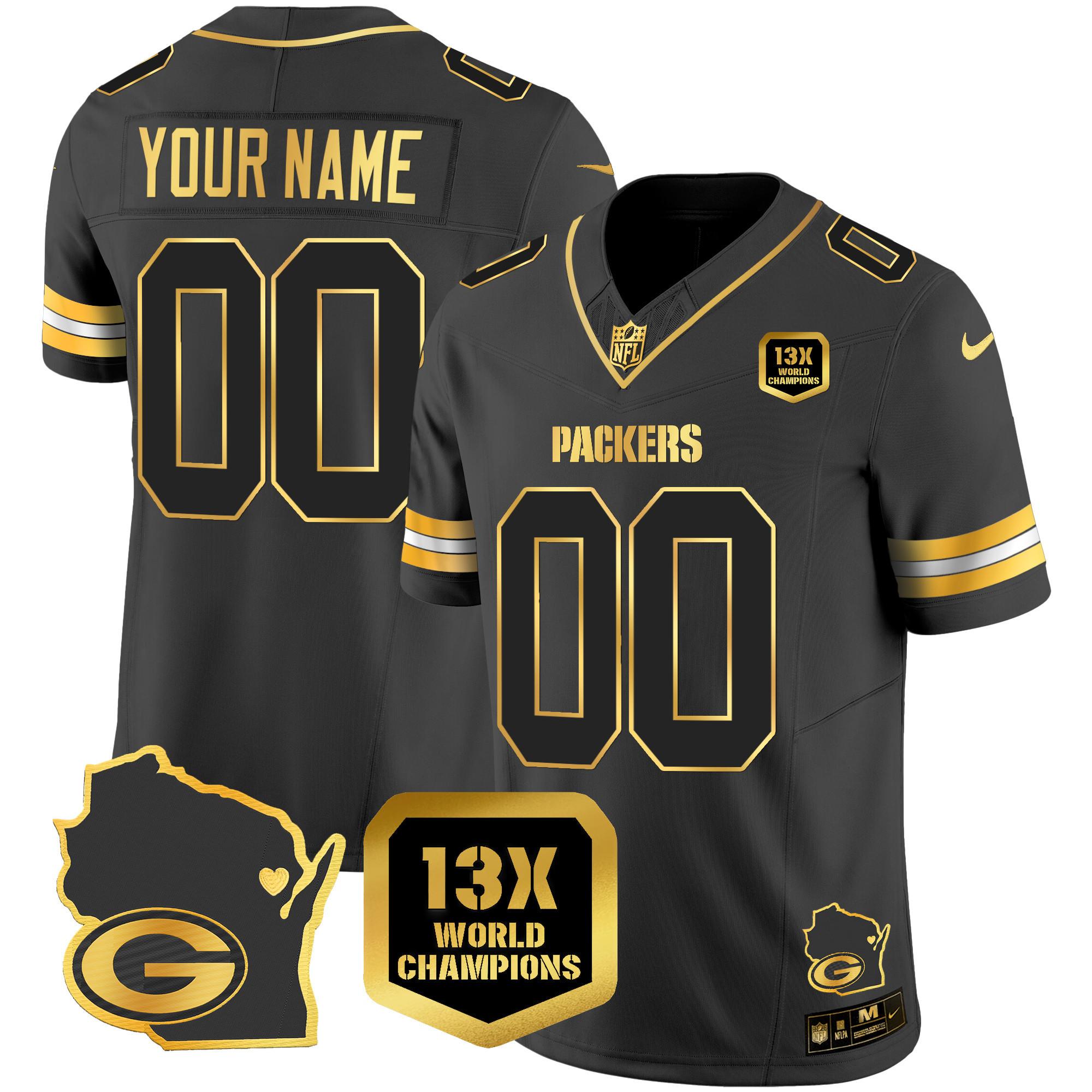 Men's Green Bay Packers 13 Time World Champions & Home Patch Gold Vapor Black Gold Jersey - All Stitched