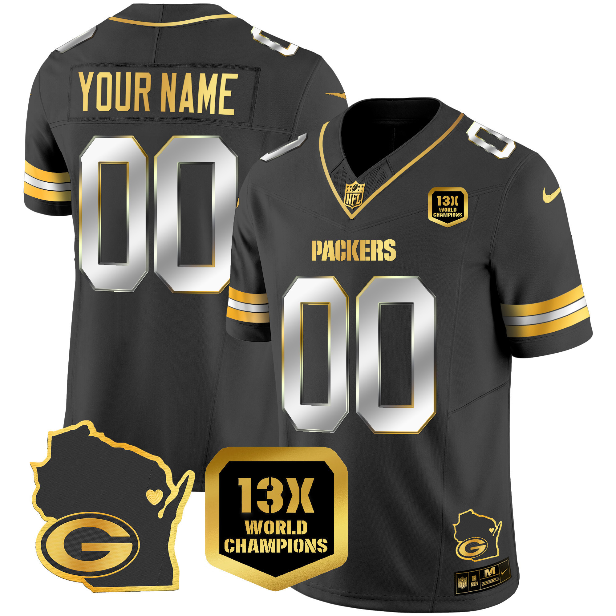 Men's Green Bay Packers 13 Time World Champions & Home Patch Gold Vapor Black Limited Jersey - All Stitched