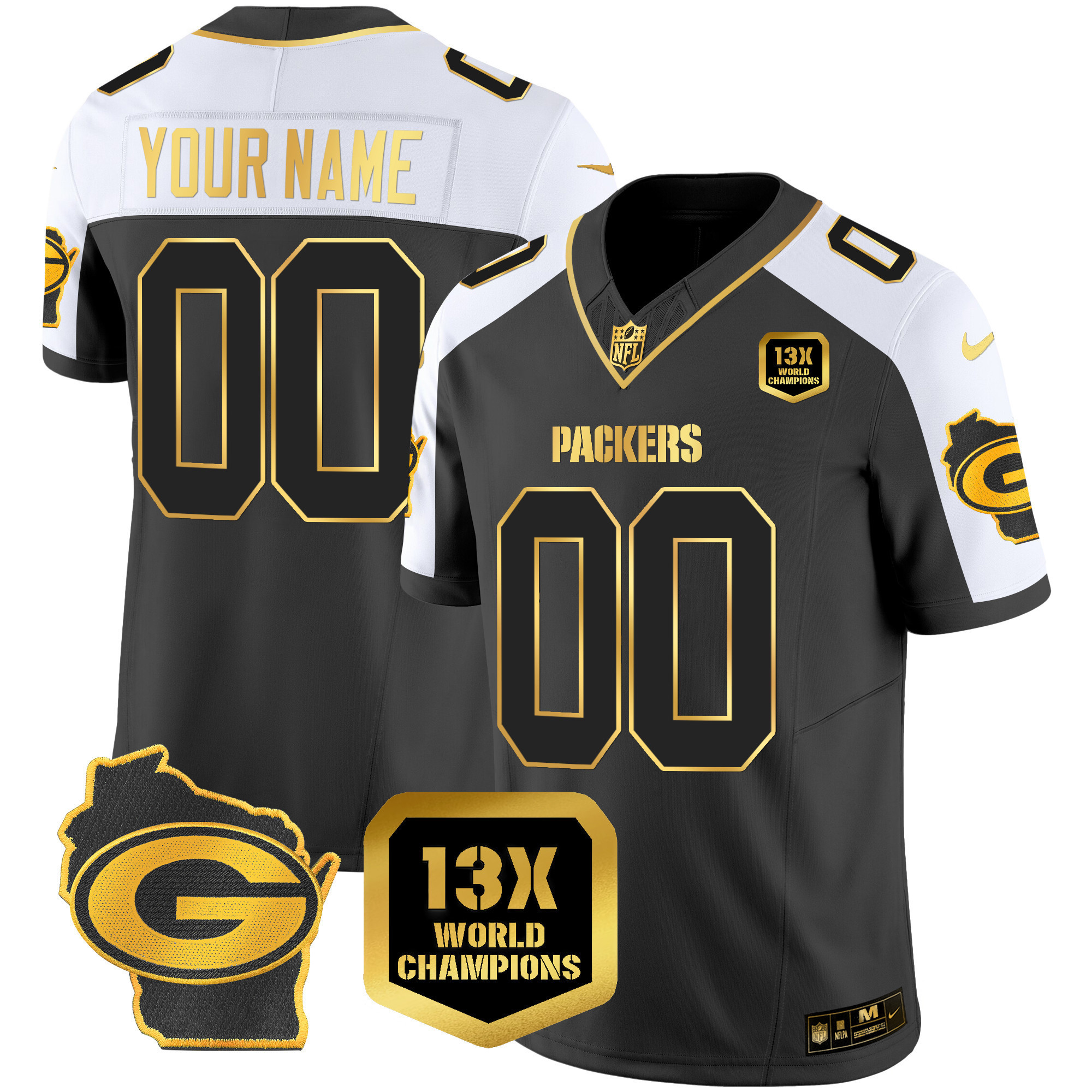 Men's Green Bay Packers 13 Time World Champions & Home Patch Gold Vapor Custom Alternate Jersey - All Stitched