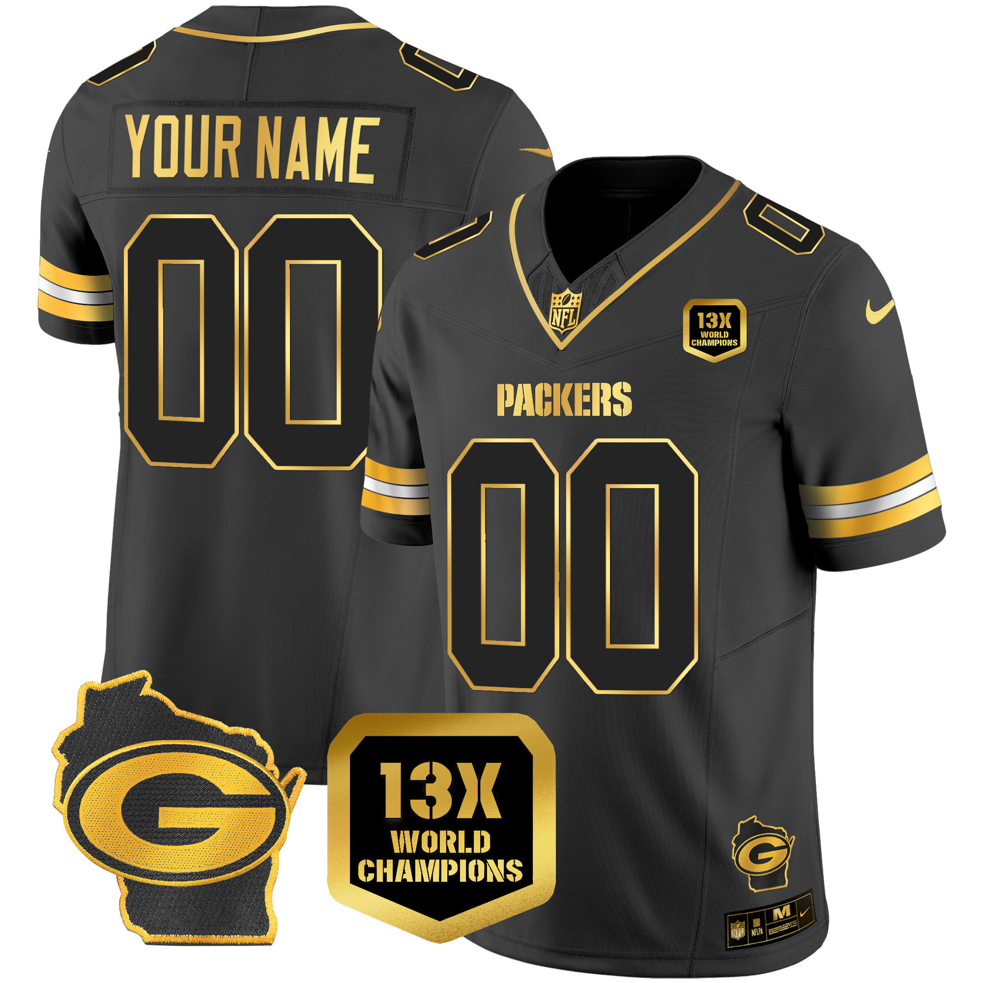 Men's Green Bay Packers 13 Time World Champions & Home Patch Gold Vapor Custom Black Gold Jersey - All Stitched
