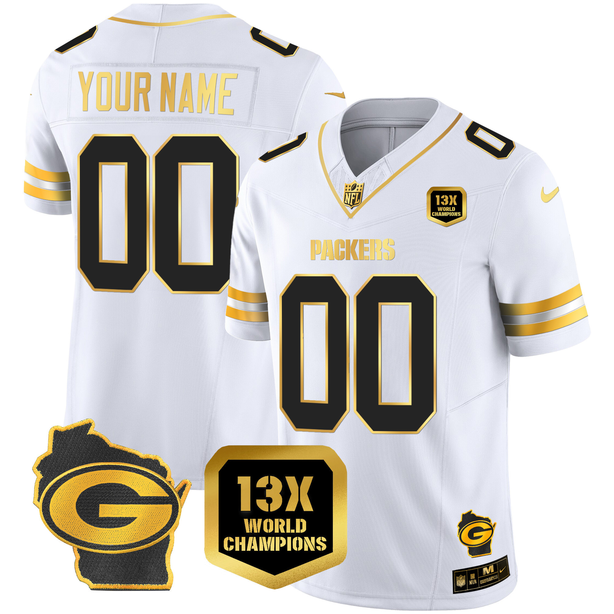 Men's Green Bay Packers 13 Time World Champions & Home Patch Gold Vapor Custom White Gold Jersey - All Stitched
