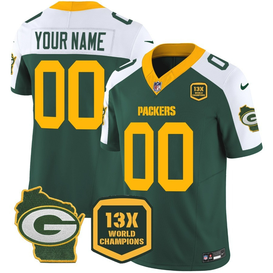 Men's Green Bay Packers 13 Time World Champions & Home Patch Vapor Custom Alternate Jersey - All Stitched