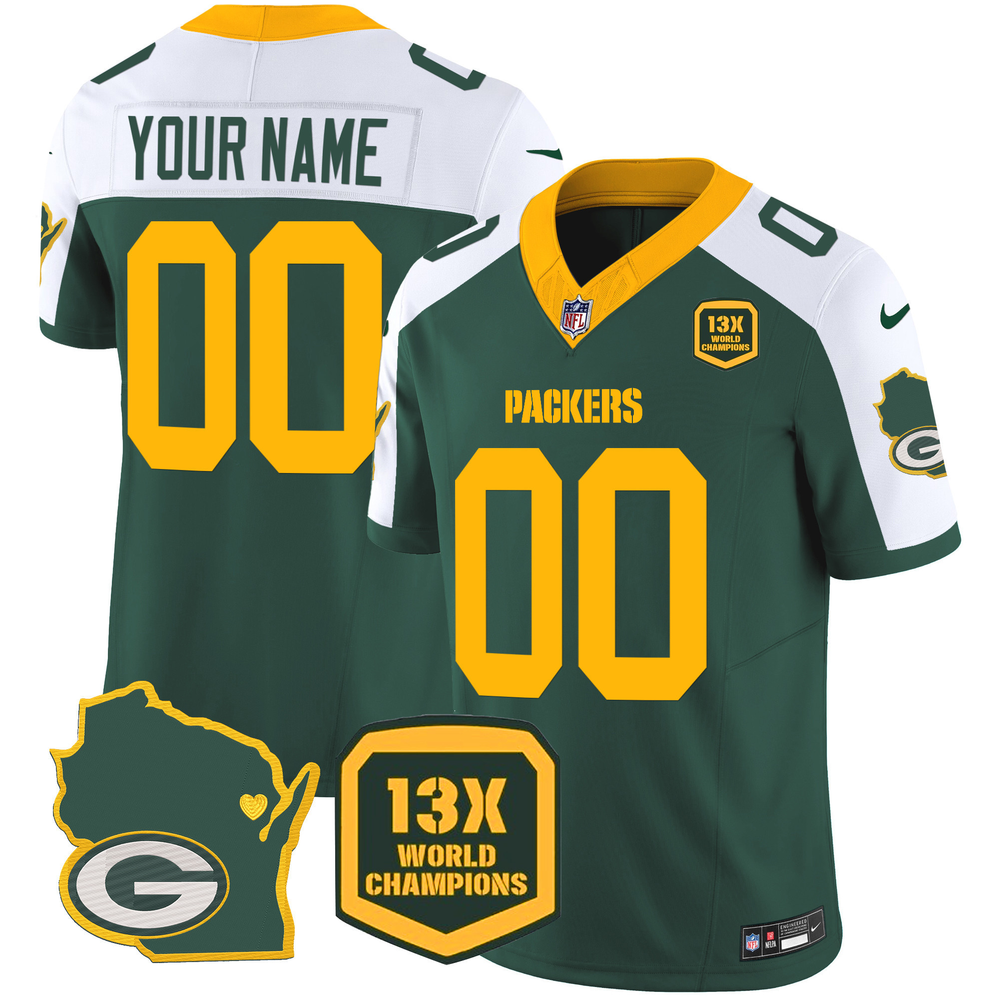 Men's Green Bay Packers 13 Time World Champions & Home Patch Vapor Custom Alternate Jersey - All Stitched