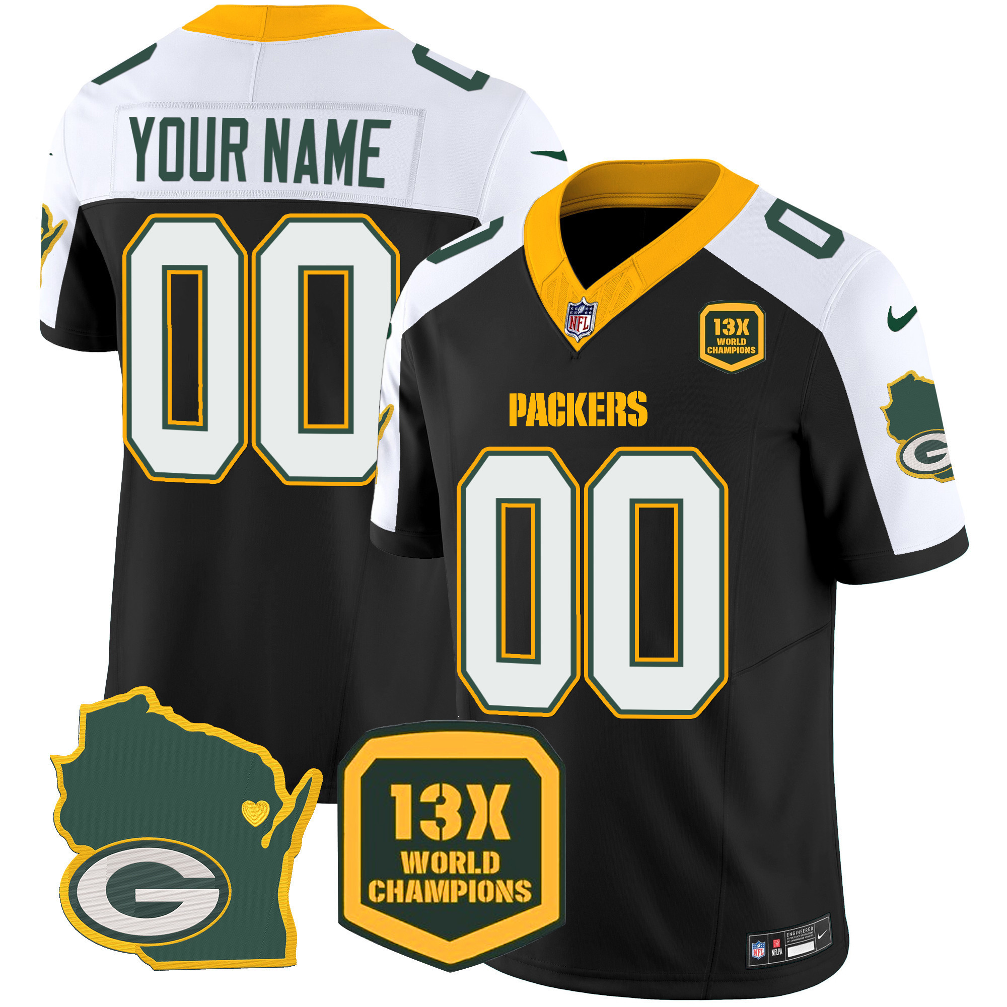 Men's Green Bay Packers 13 Time World Champions & Home Patch Vapor Custom Black Alternate Jersey - All Stitched