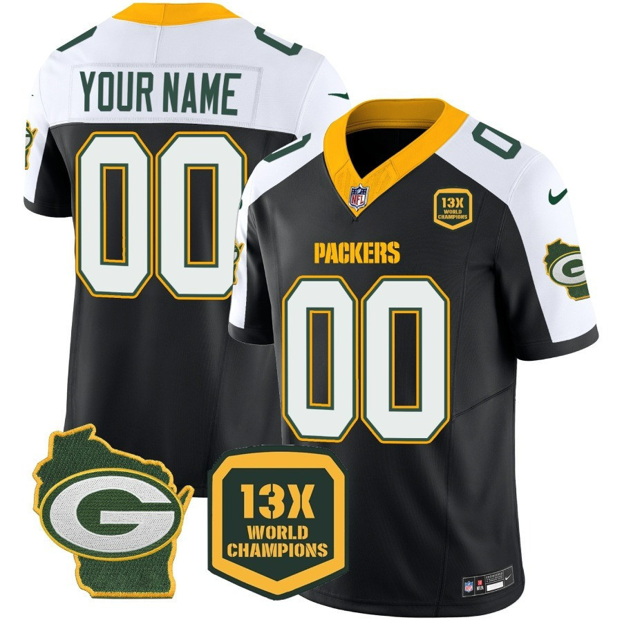 Men's Green Bay Packers 13 Time World Champions & Home Patch Vapor Custom Black Alternate Jersey - All Stitched