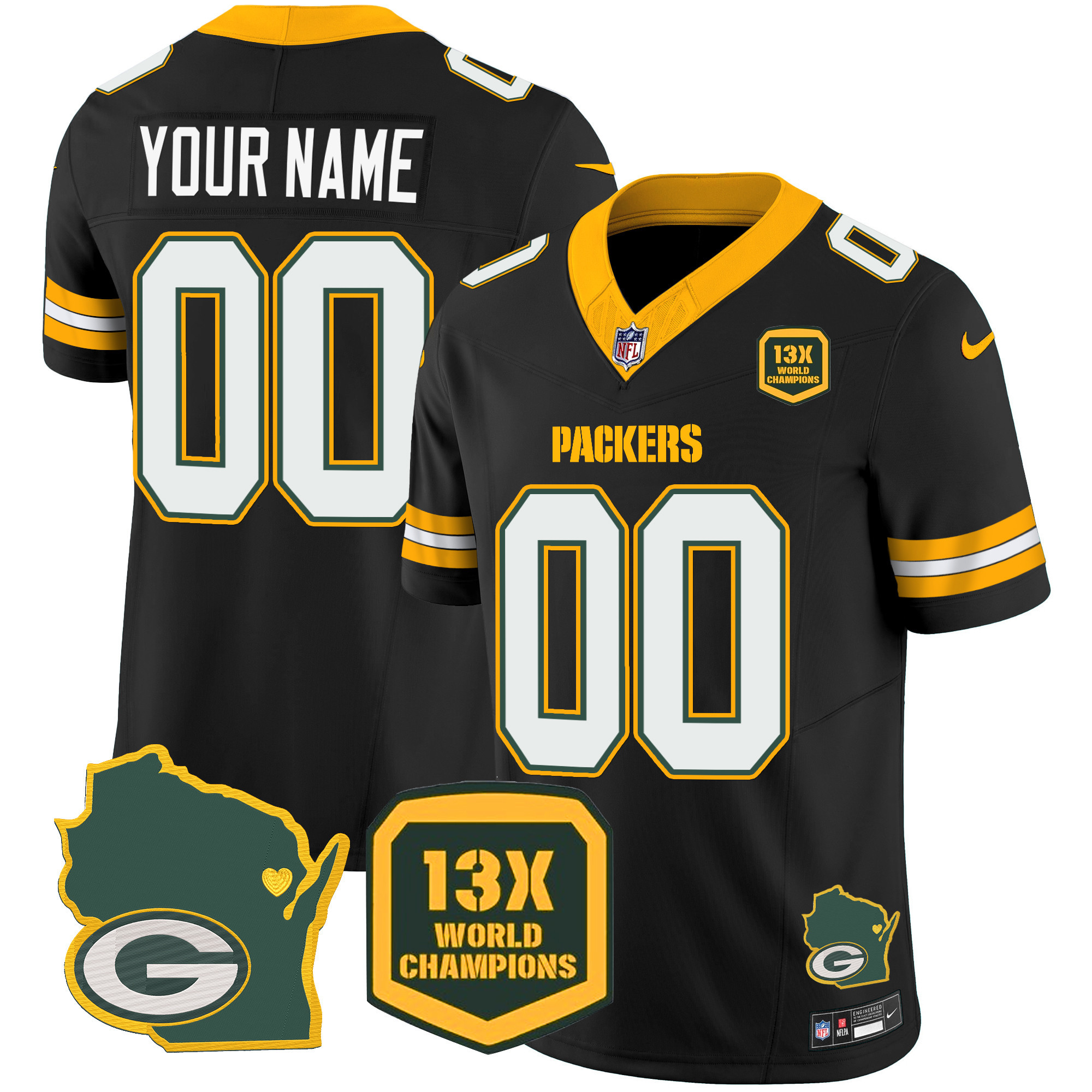 Men's Green Bay Packers 13 Time World Champions & Home Patch Vapor Custom Black Jersey - All Stitched