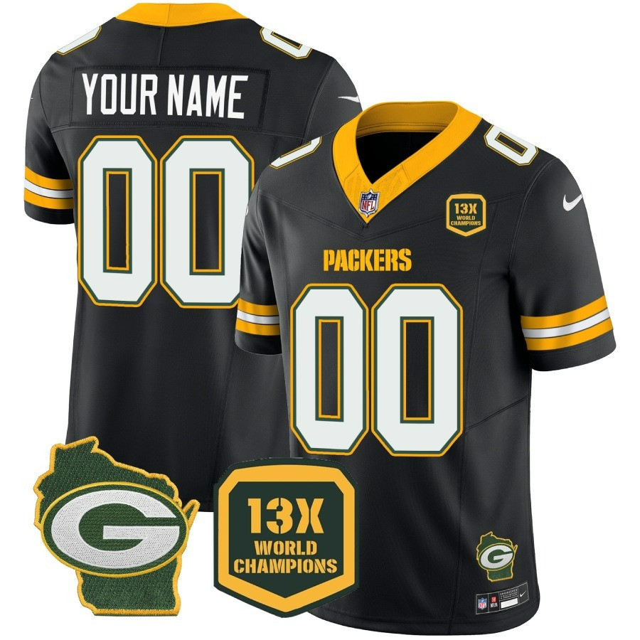 Men's Green Bay Packers 13 Time World Champions & Home Patch Vapor Custom Black Jersey - All Stitched