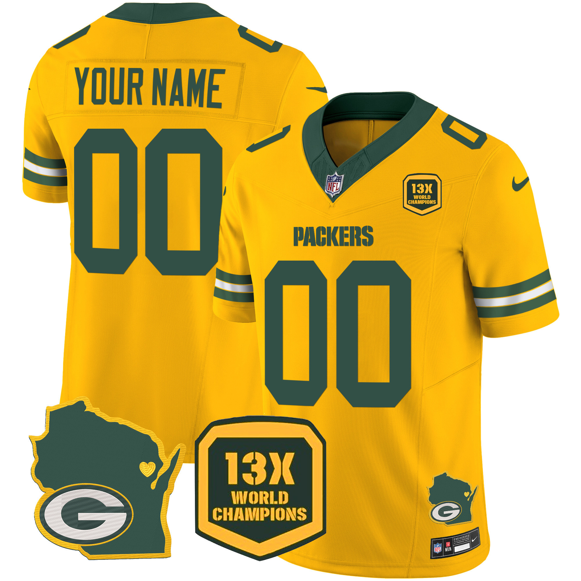 Men's Green Bay Packers 13 Time World Champions & Home Patch Vapor Custom Gold Jersey - All Stitched
