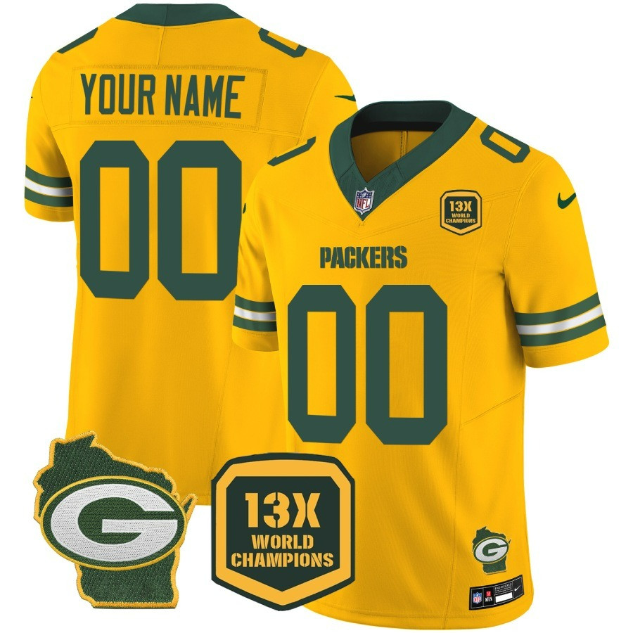 Men's Green Bay Packers 13 Time World Champions & Home Patch Vapor Custom Gold Jersey - All Stitched