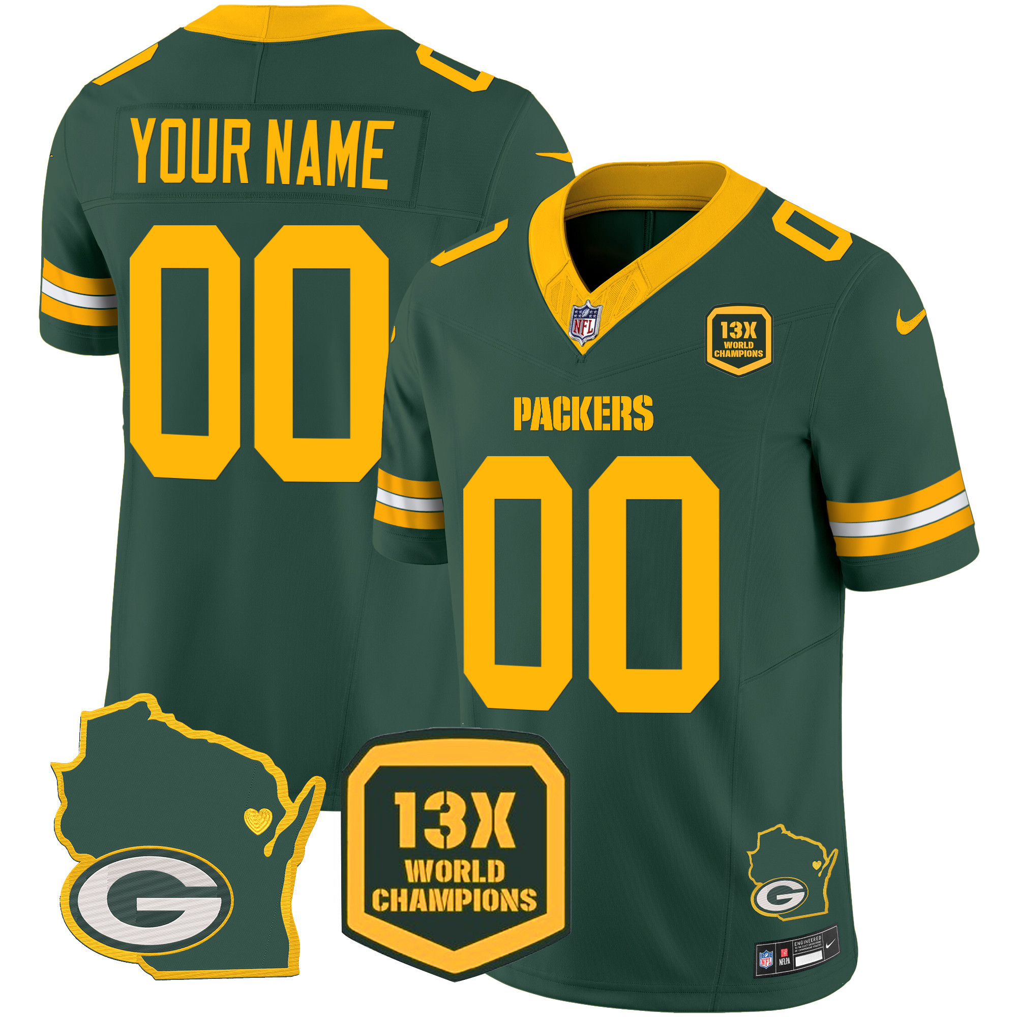 Men's Green Bay Packers 13 Time World Champions & Home Patch Vapor Custom Green Jersey - All Stitched