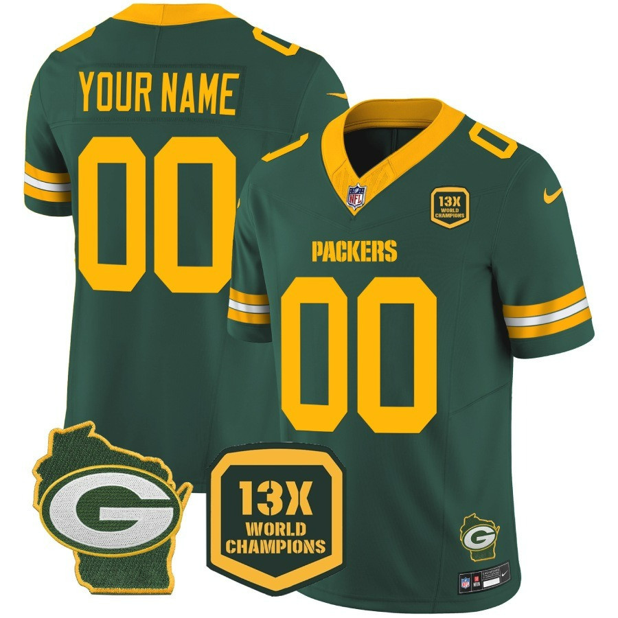 Men's Green Bay Packers 13 Time World Champions & Home Patch Vapor Custom Green Jersey - All Stitched