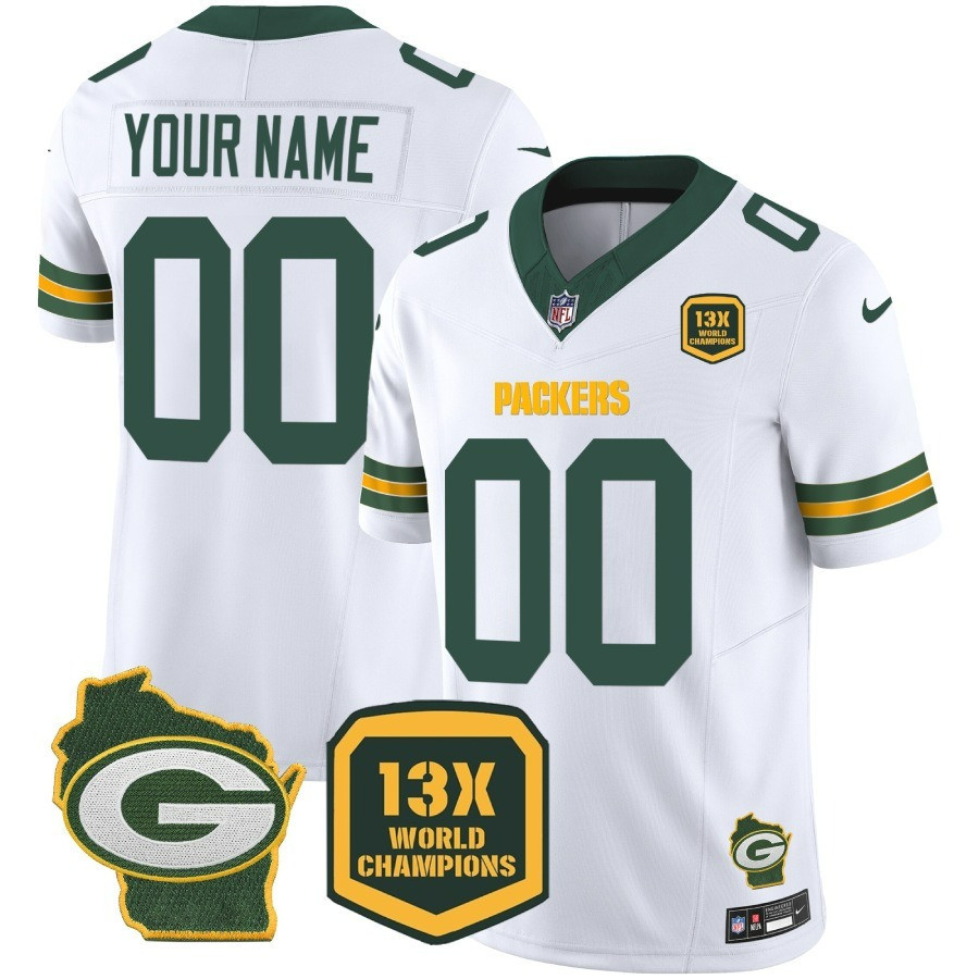 Men's Green Bay Packers 13 Time World Champions & Home Patch Vapor Custom White Jersey - All Stitched