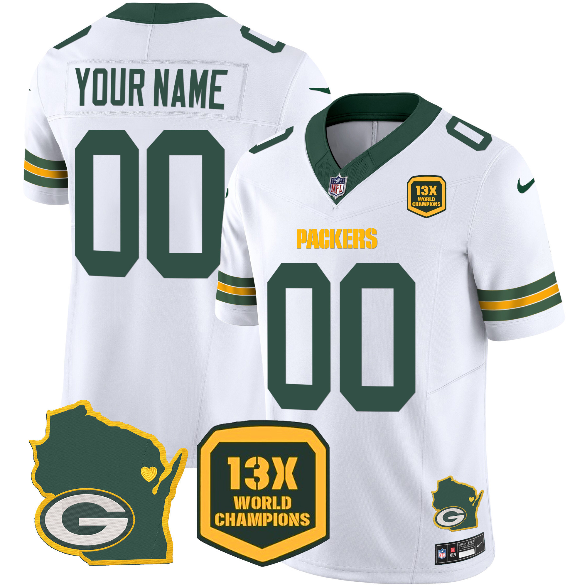 Men's Green Bay Packers 13 Time World Champions & Home Patch Vapor Custom White Jersey - All Stitched