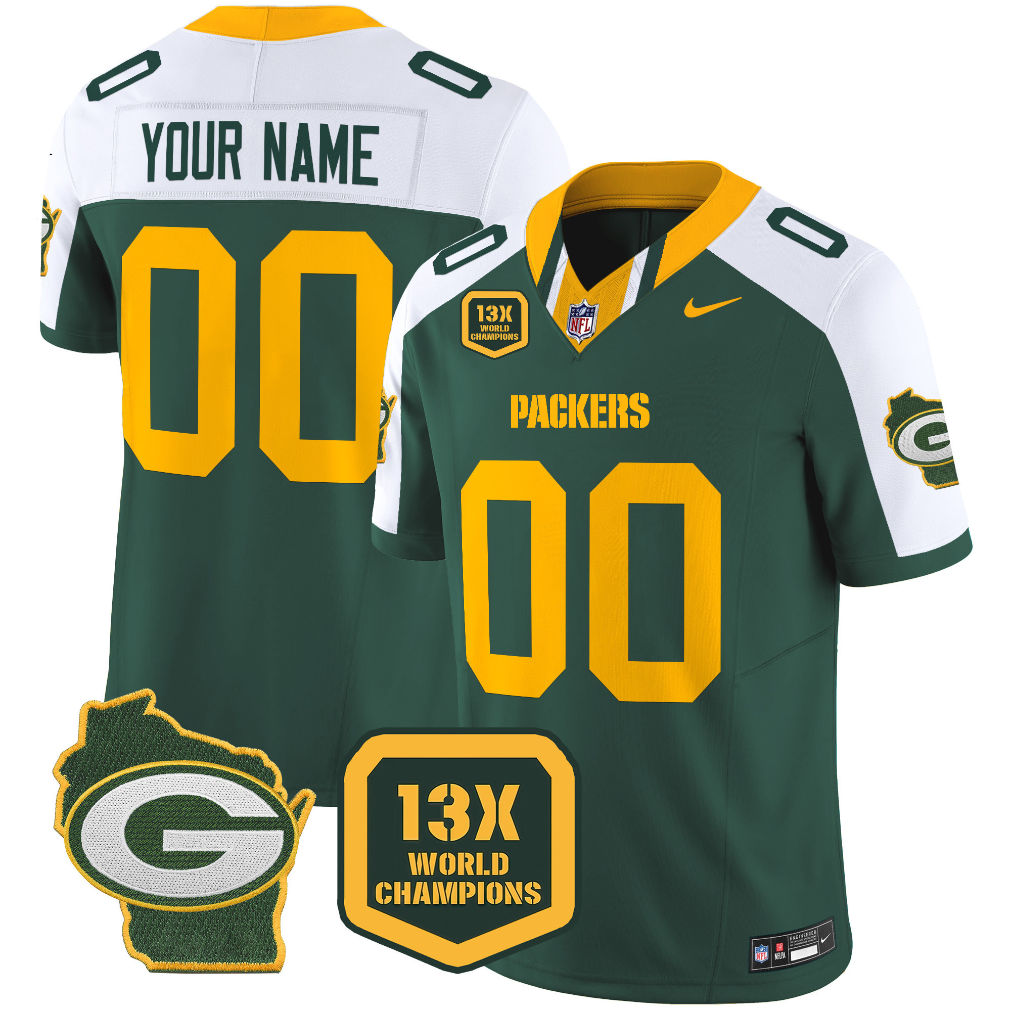 Men's Green Bay Packers 13 Time World Champions & Home Patch Vapor Limited Custom Alternate Jersey - All Stitched