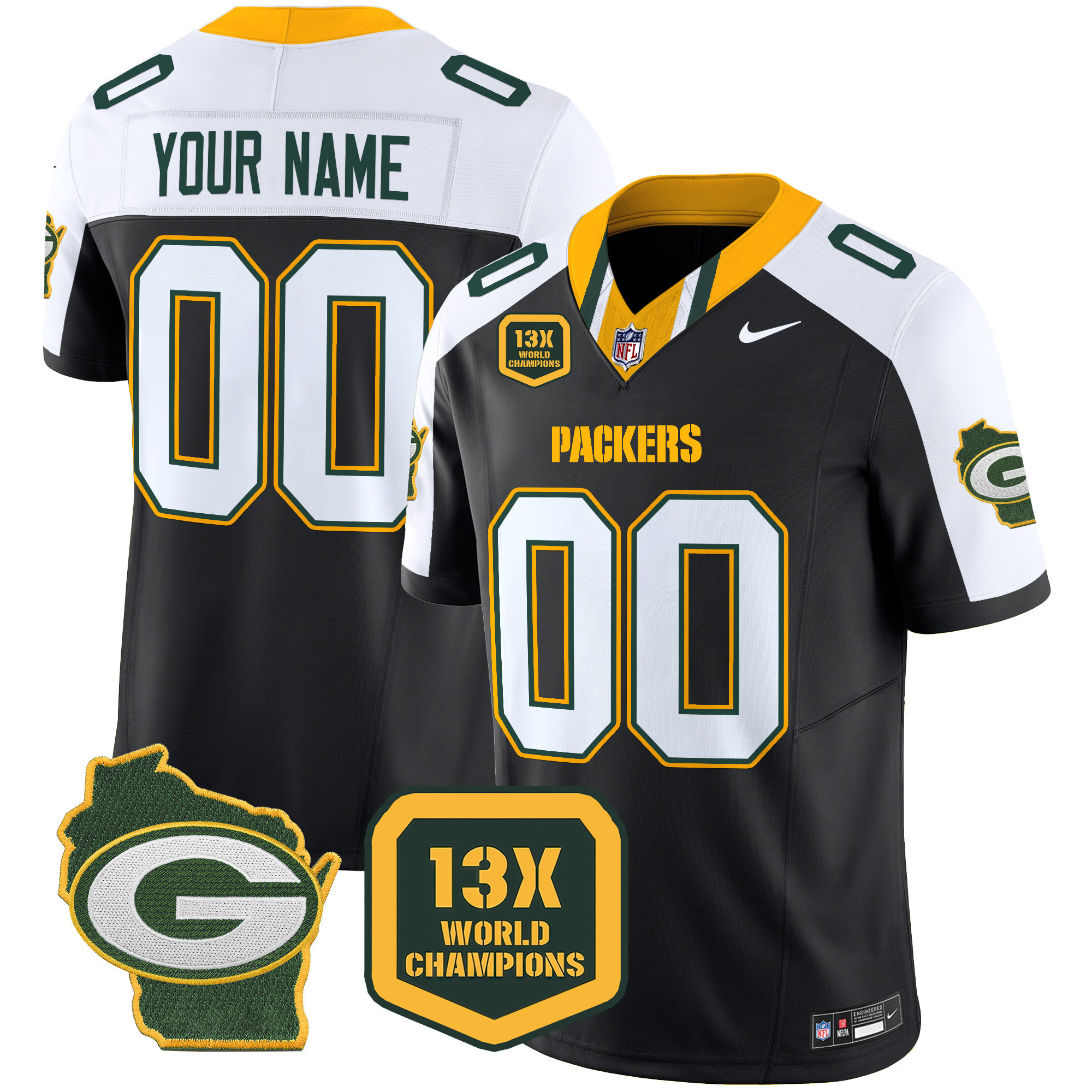 Men's Green Bay Packers 13 Time World Champions & Home Patch Vapor Limited Custom Black Alternate Jersey - All Stitched
