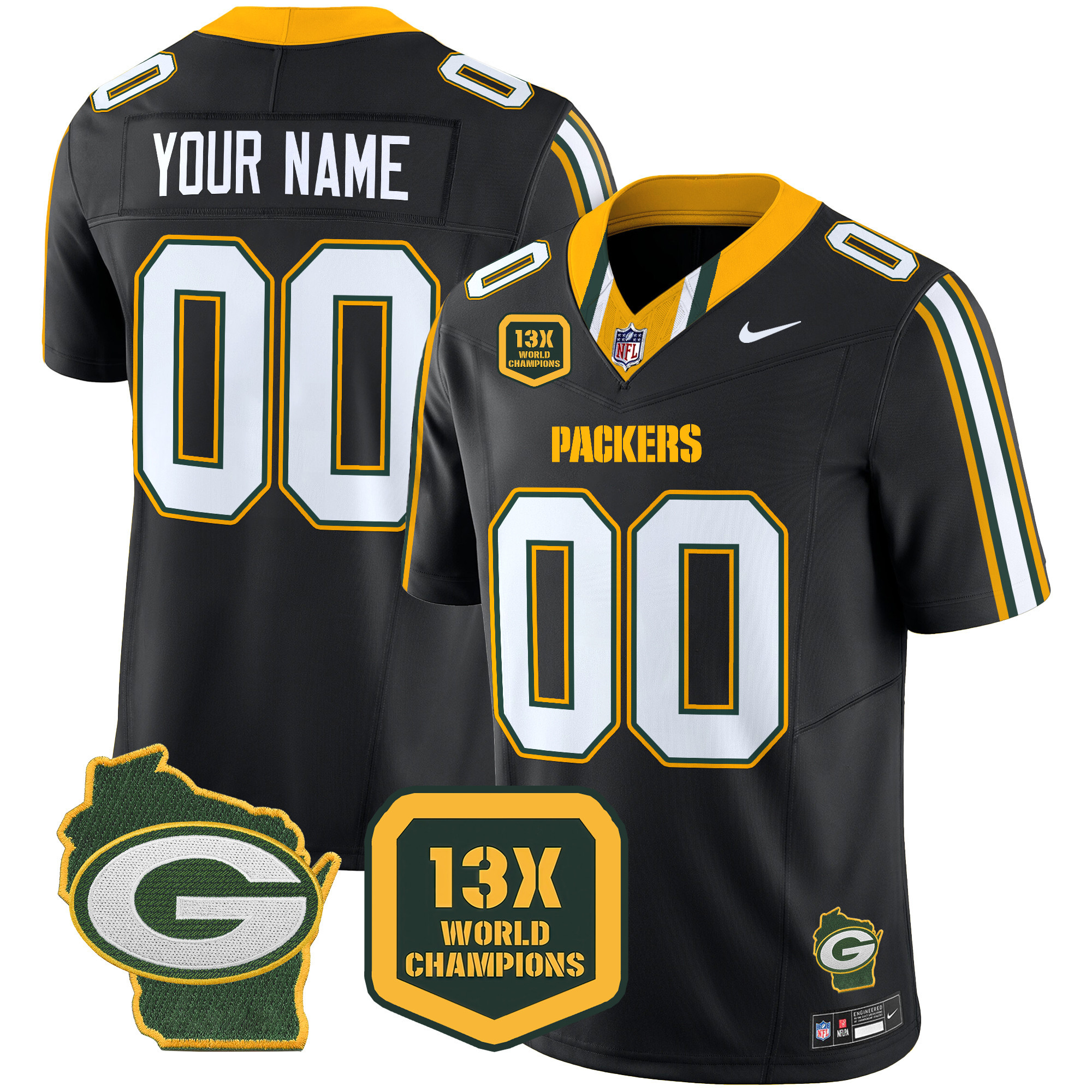 Men's Green Bay Packers 13 Time World Champions & Home Patch Vapor Limited Custom Black Jersey - All Stitched