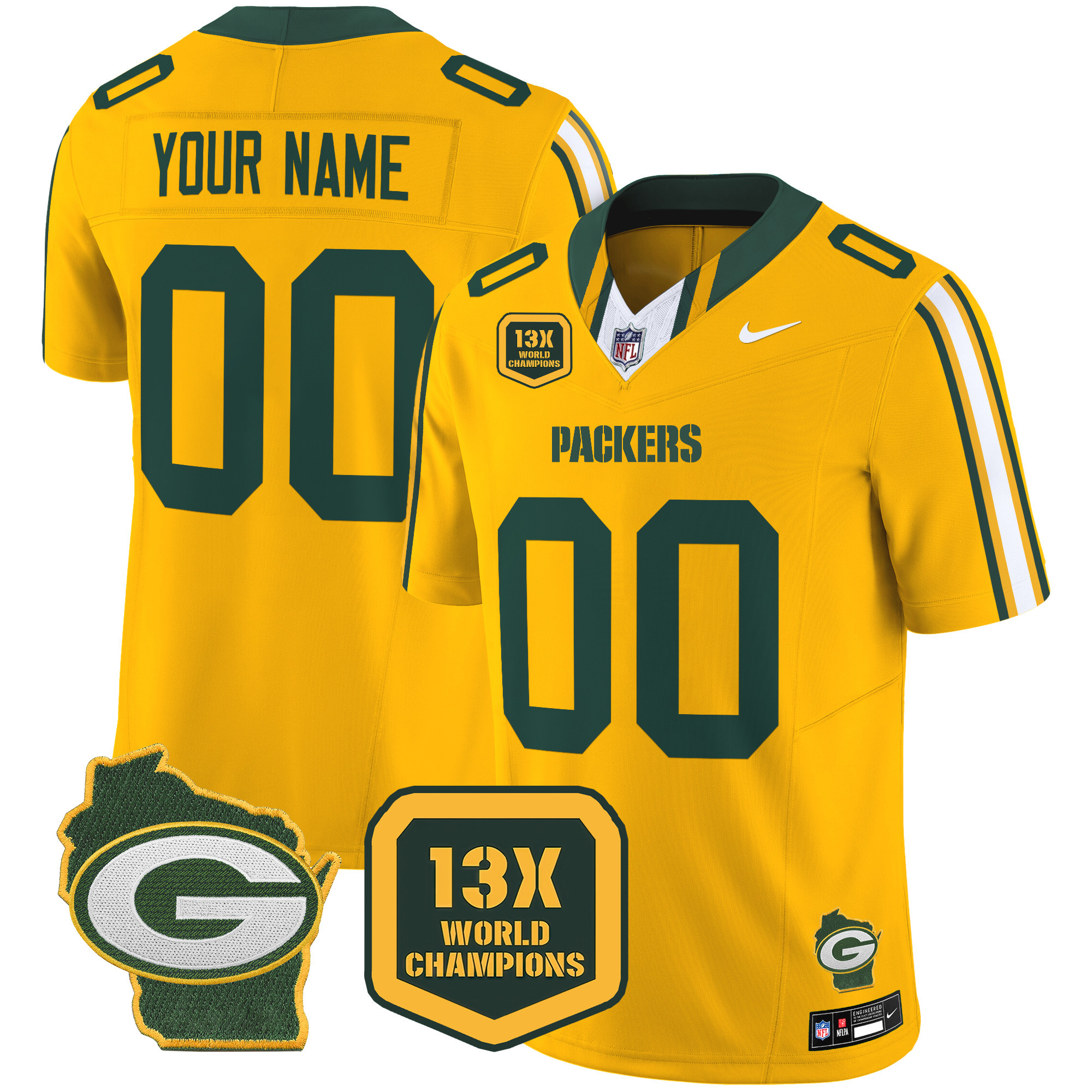 Men's Green Bay Packers 13 Time World Champions & Home Patch Vapor Limited Custom Gold Jersey - All Stitched