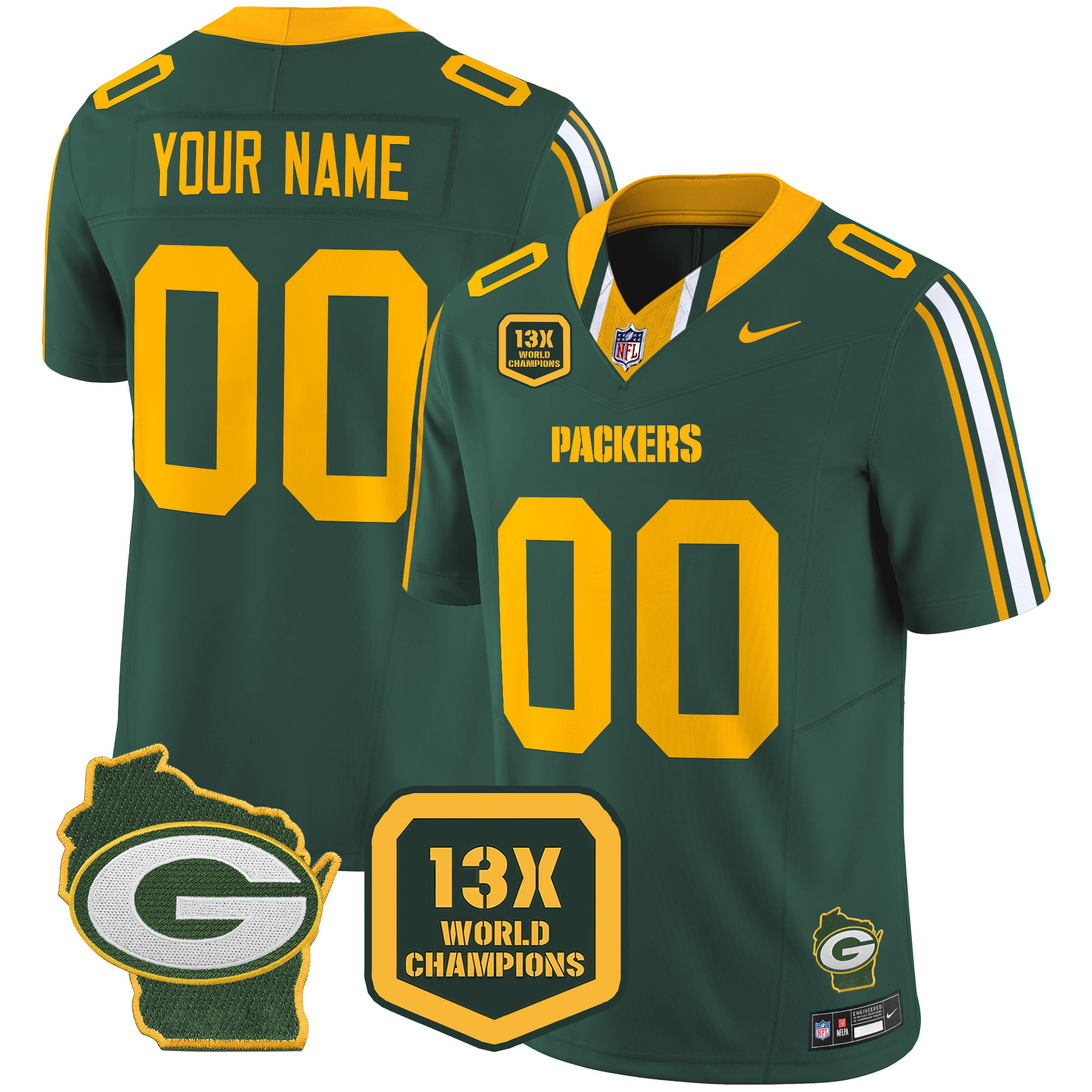Men's Green Bay Packers 13 Time World Champions & Home Patch Vapor Limited Custom Green Jersey - All Stitched