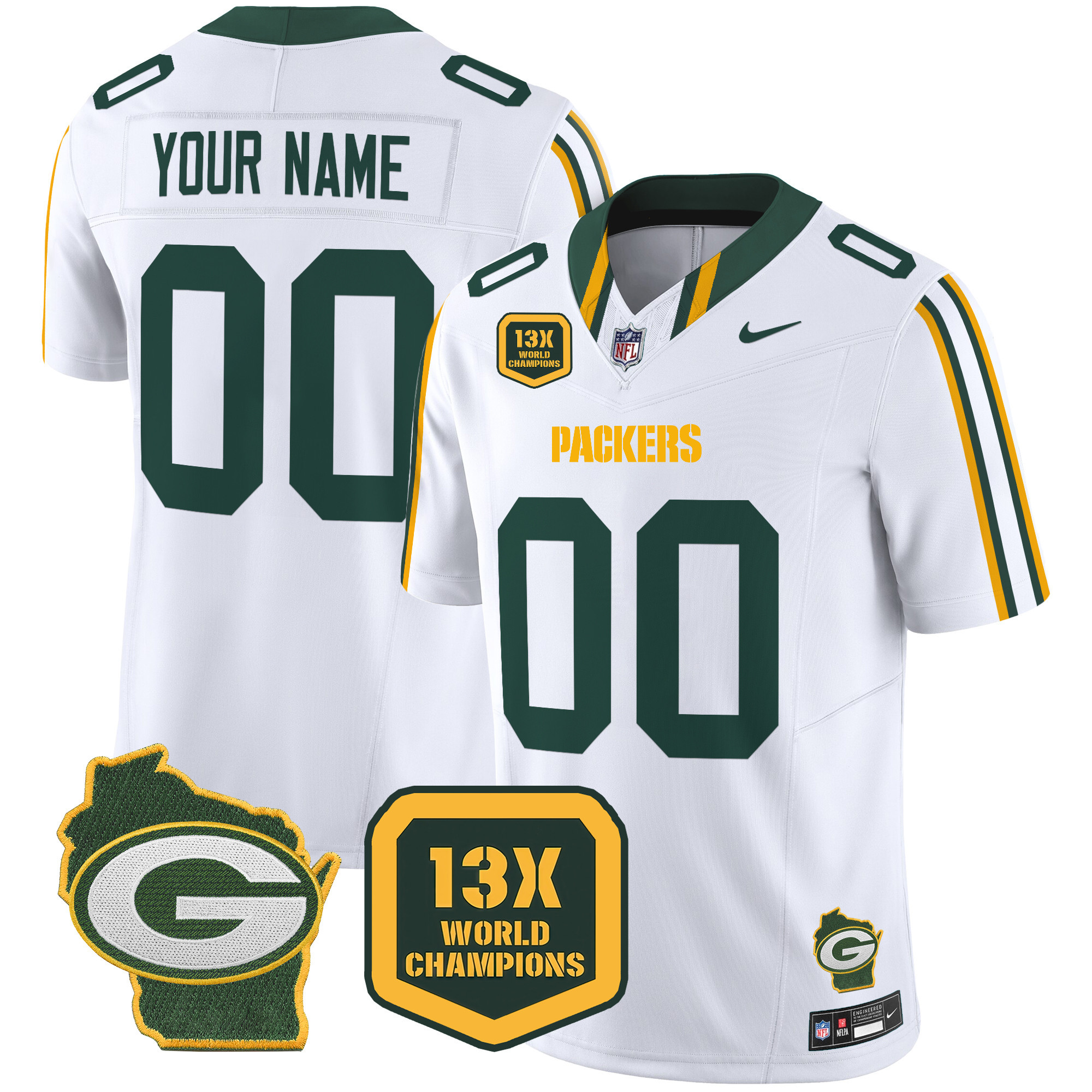 Men's Green Bay Packers 13 Time World Champions & Home Patch Vapor Limited Custom White Jersey - All Stitched
