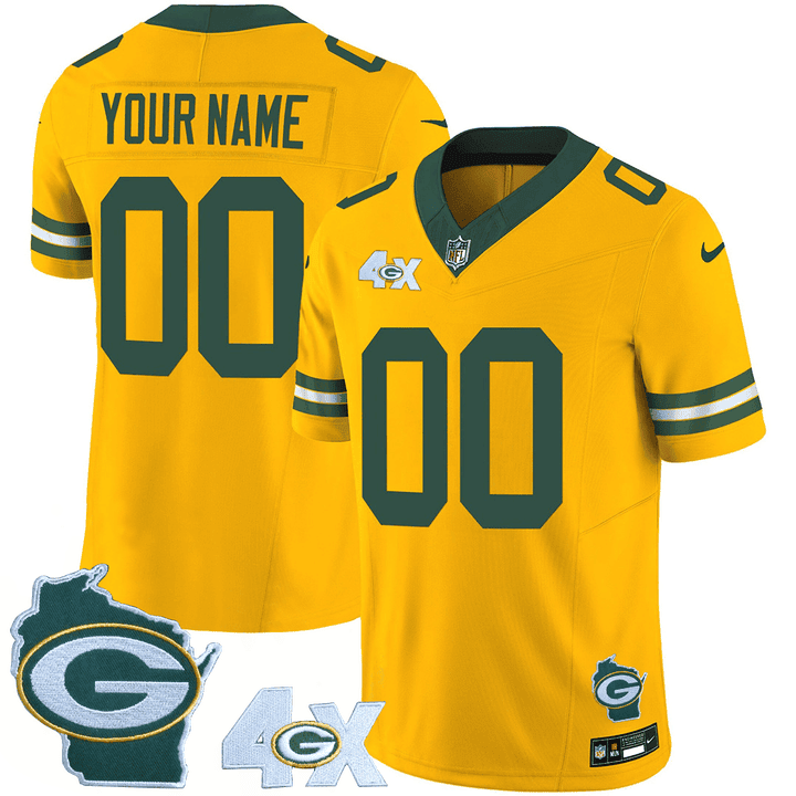 Men's Green Bay Packers 4x Champs & Home Patch Vapor Custom Gold Jersey - All Stitched