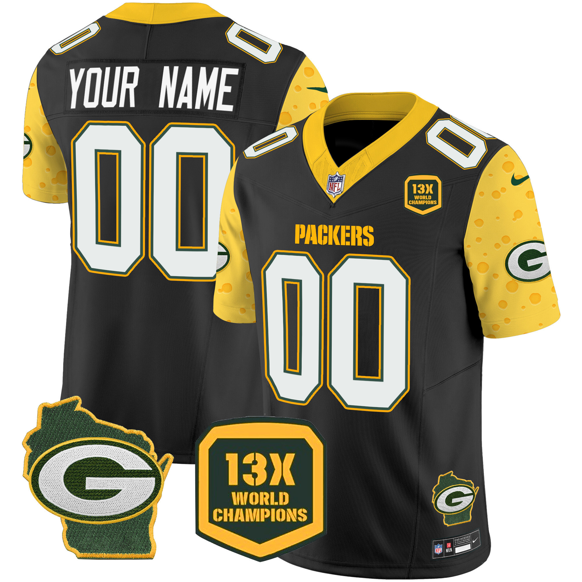 Men's Green Bay Packers Cheese Vapor Limited Custom Black Jersey - All Stitched