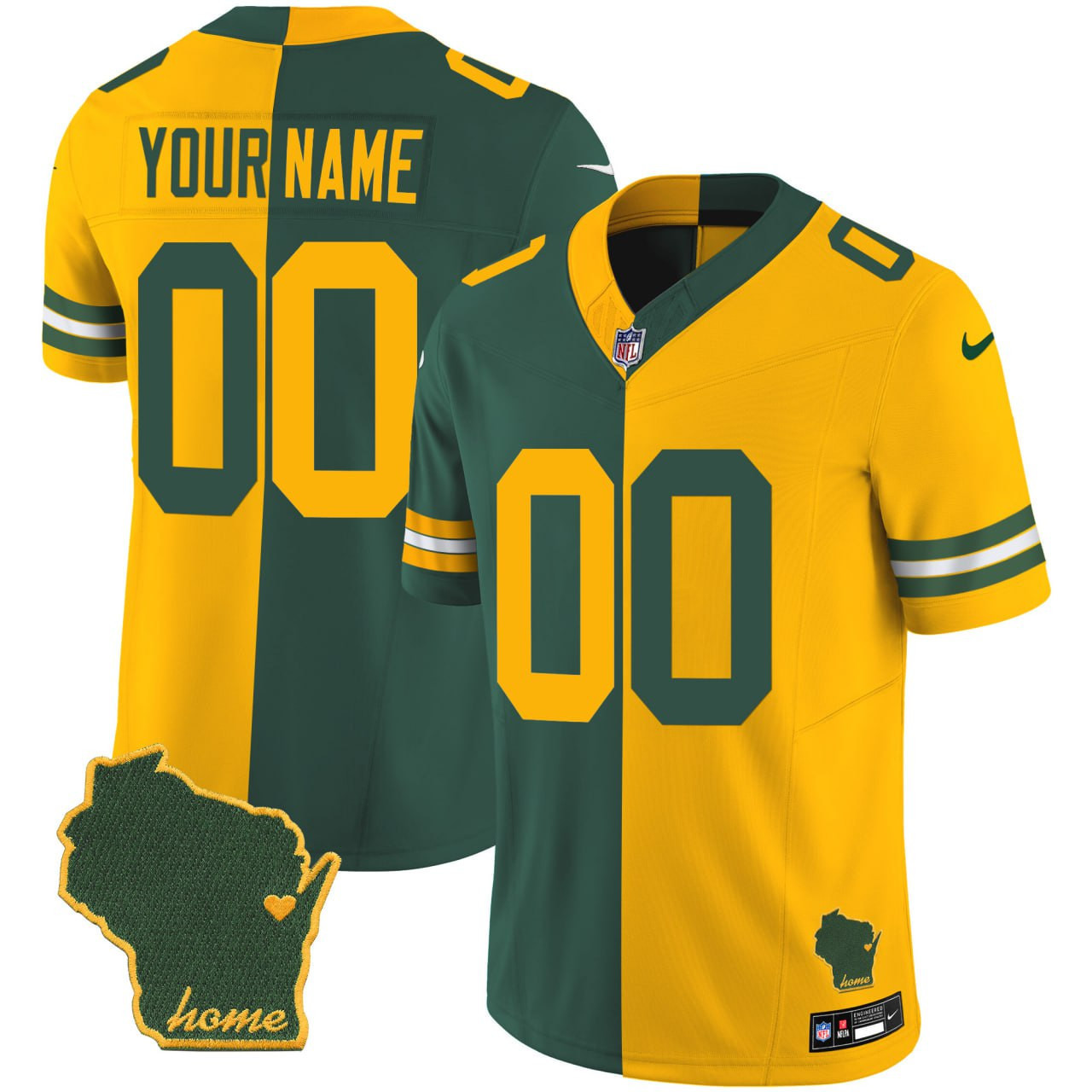 Men's Green Bay Packers Custom Split Green Yellow Jersey - All Stitched