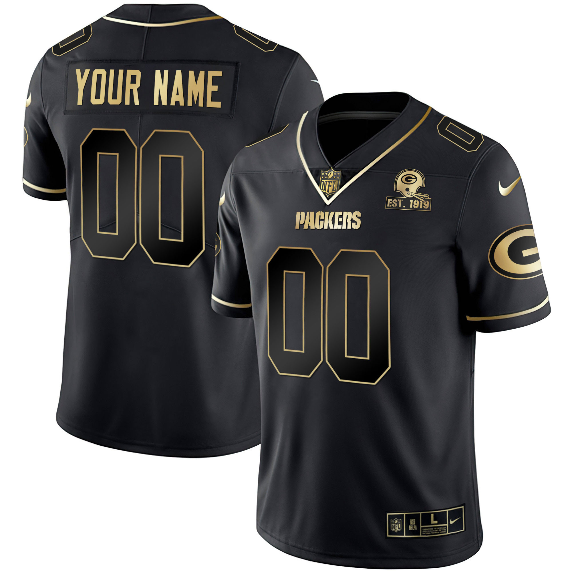 Men's Green Bay Packers Gold Est 1919 Patch Custom Name & Number Black Gold Jersey - All Stitched
